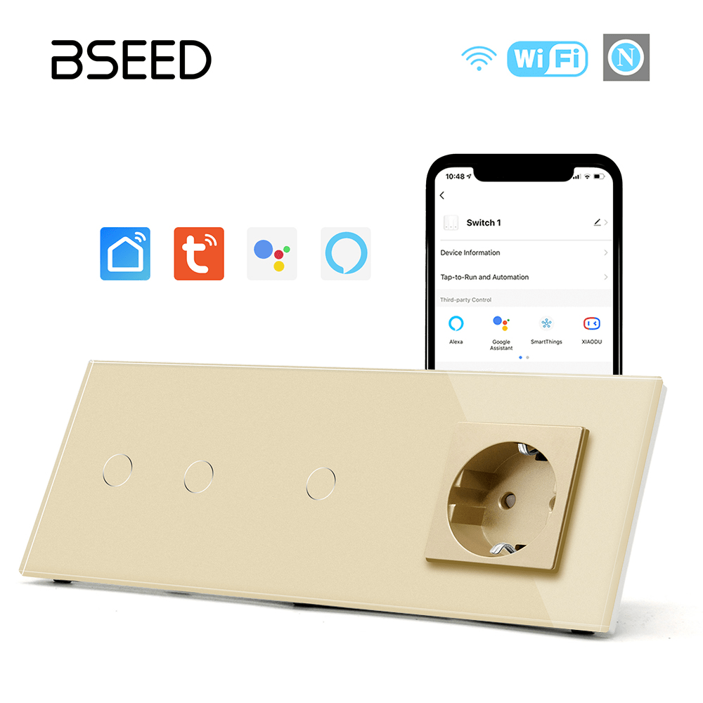 Bseed Smart WiFi Light Switches Multi Control With EU Normal Standard Wall Socket Light Switches Bseedswitch Golden 2Gang + 1Gang + Socket 