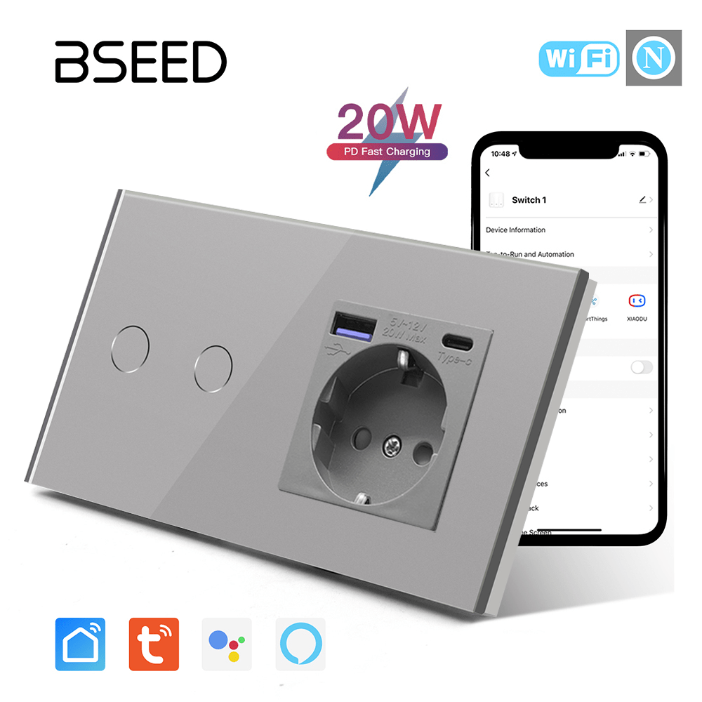 BSEED 1/2/3 Gang Wifi Light Switch Plus EU Wall USB Socket fast charge Type-c Light Switches Bseedswitch Grey 2Gang 