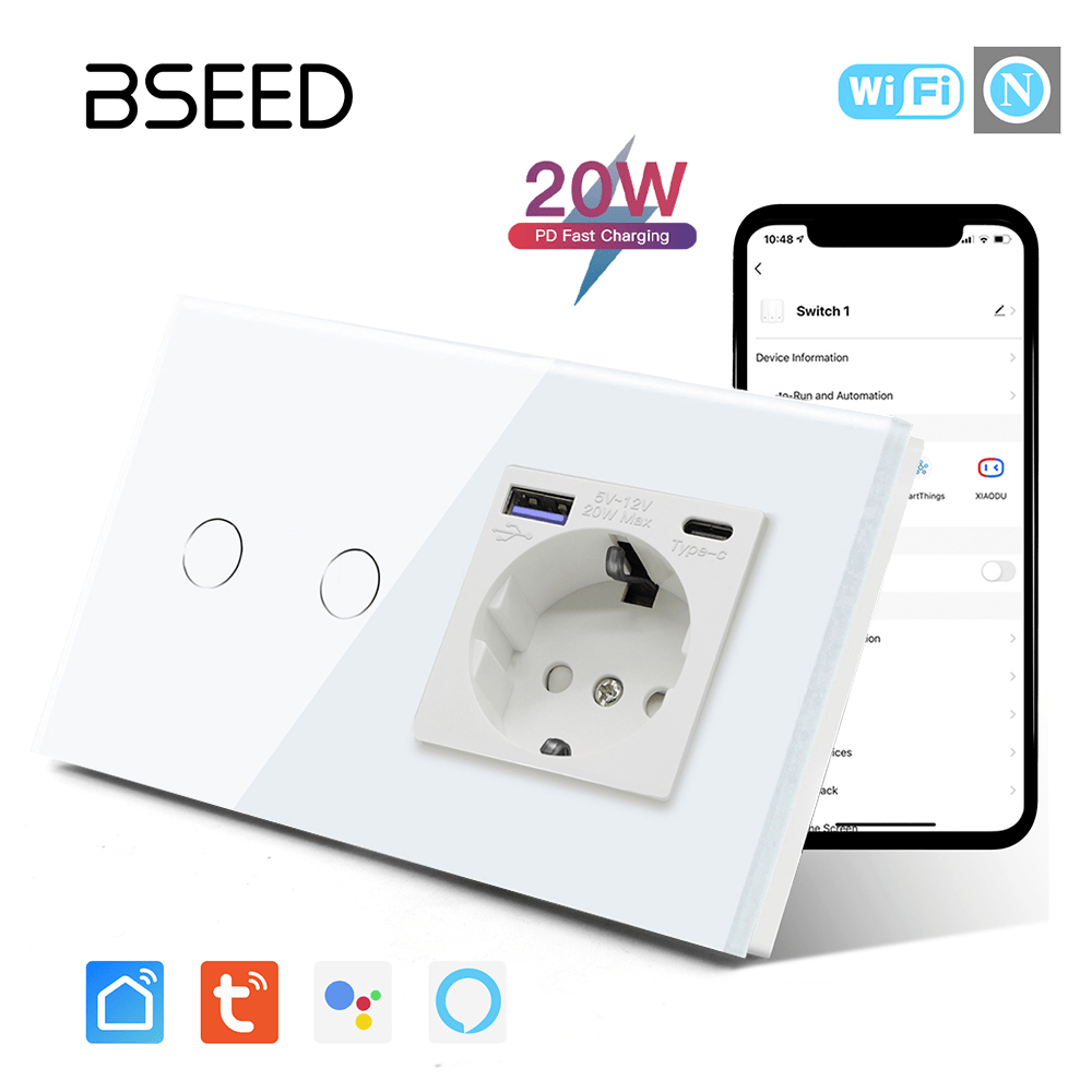 BSEED 1/2/3 Gang Wifi Light Switch Plus EU Wall USB Socket fast charge Type-c Light Switches Bseedswitch 