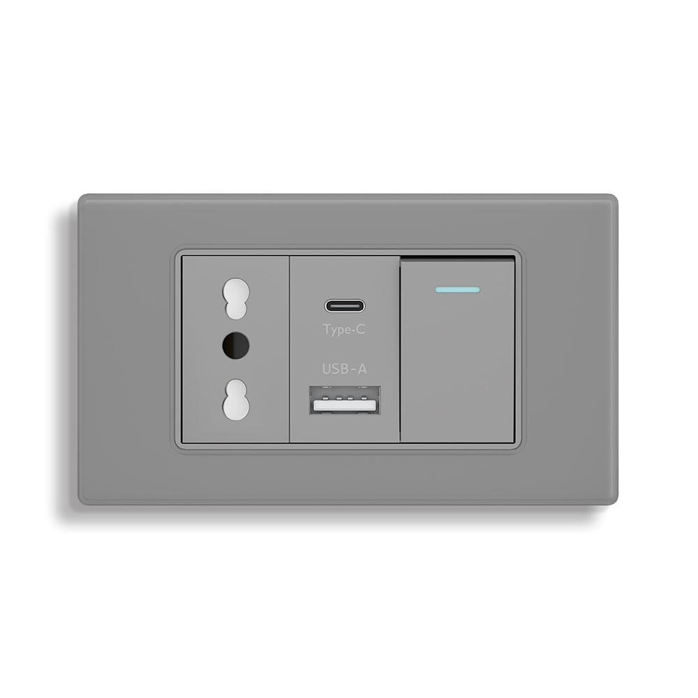 Italian Standard 16A Wall Socket With USB and 2.1A Type-c Ports Wall light switch 1Gang Bseedswitch Gray 1Way 