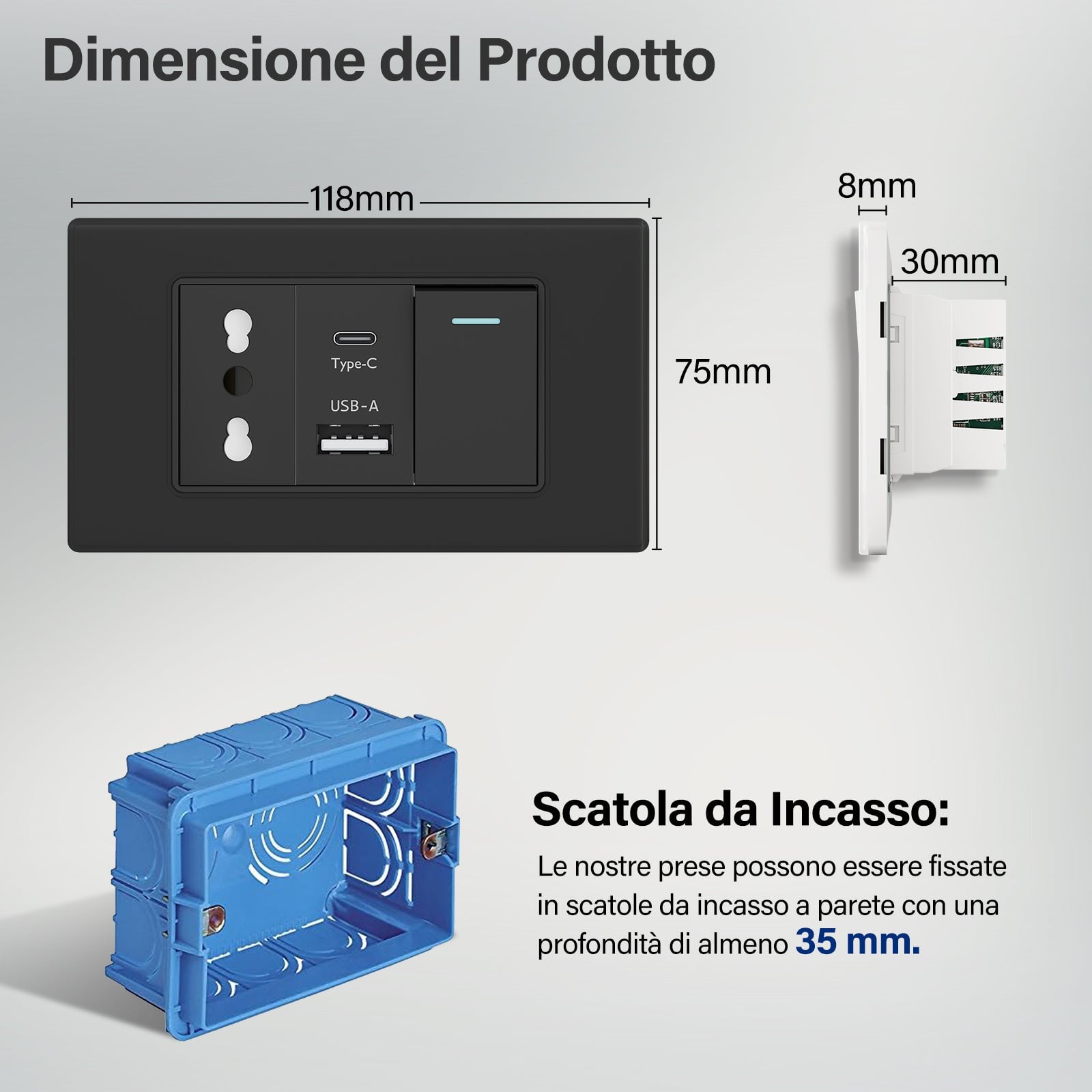 Italian Standard 16A Wall Socket With USB and 2.1A Type-c Ports Wall light switch 1Gang socket Bseedswitch 