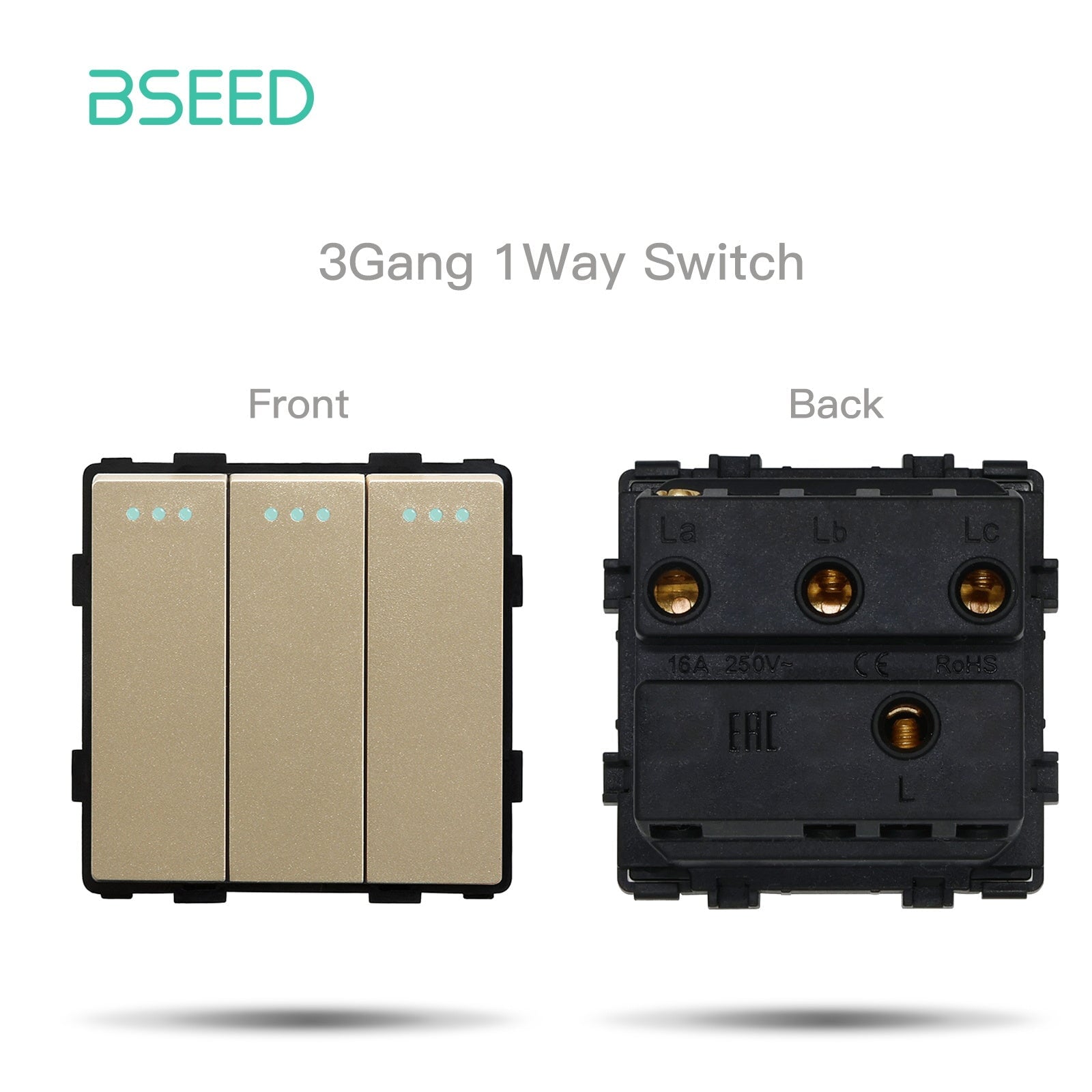 Bseed 1/2/3 Gang 1/2/3 Way Button Light Switch Function Key Touch Control Cross Switch Light Switches Bseedswitch Gold 3Gang 1Way