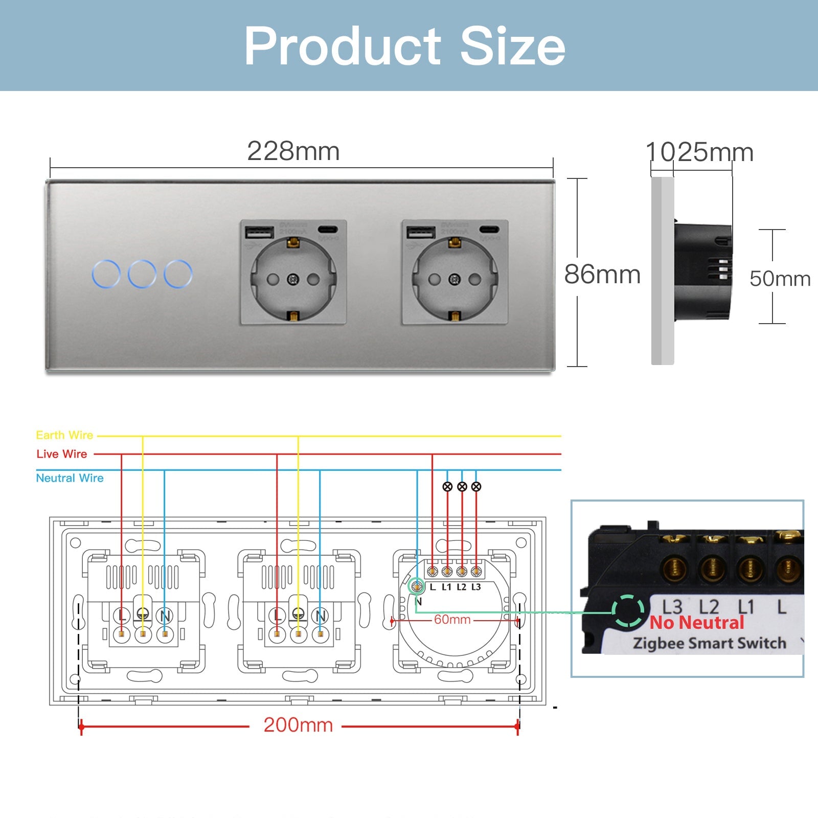 Bseed Zigbee Touch 1/2/3 Gang NO Neutral line Light Switches With Double EU Socket with USB-C Light Switches Bseedswitch 