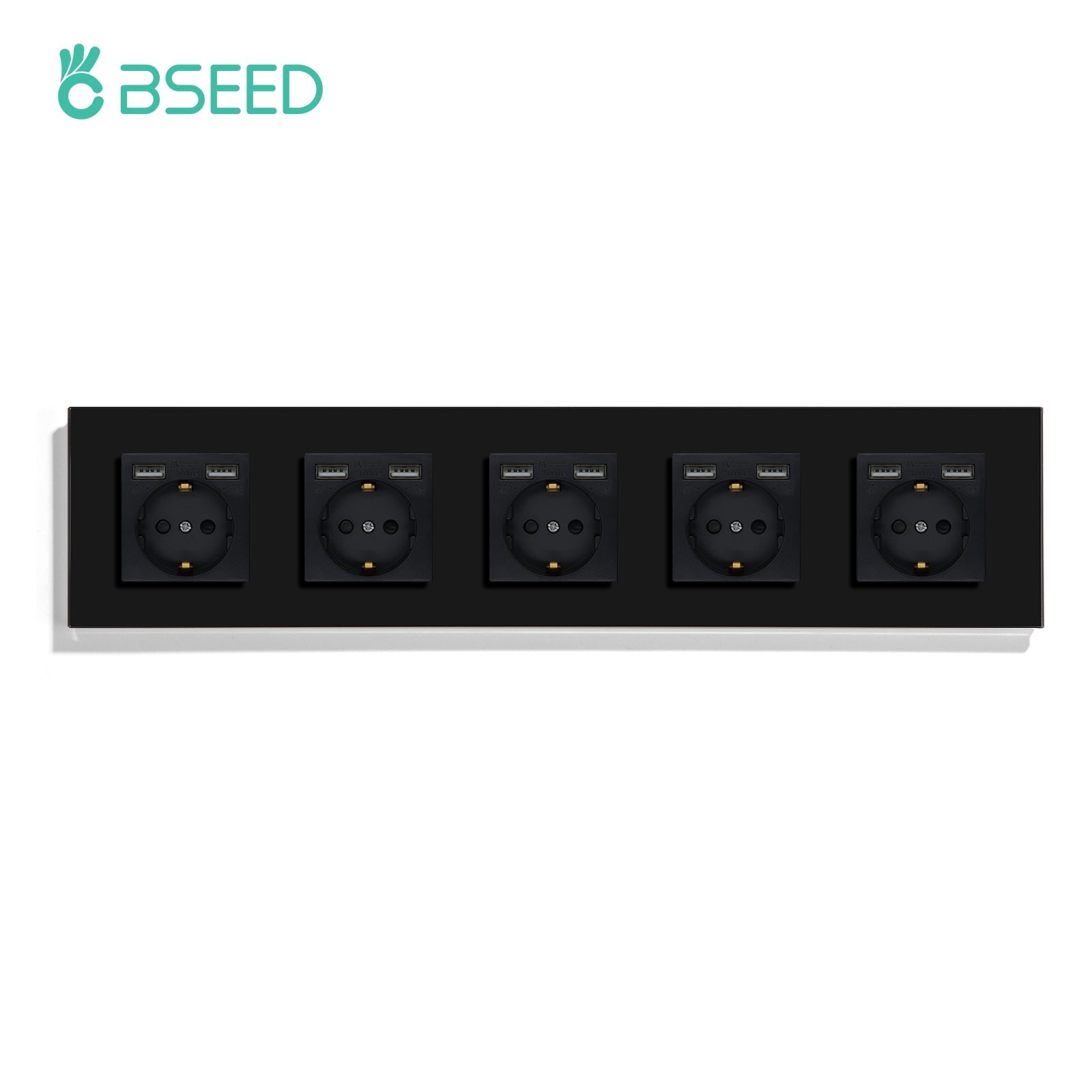 BSEED EU / FR Standard Wall Socket With Double USB Crystal Mirror Glass Panel Bseedswitch Black Quintuple EU