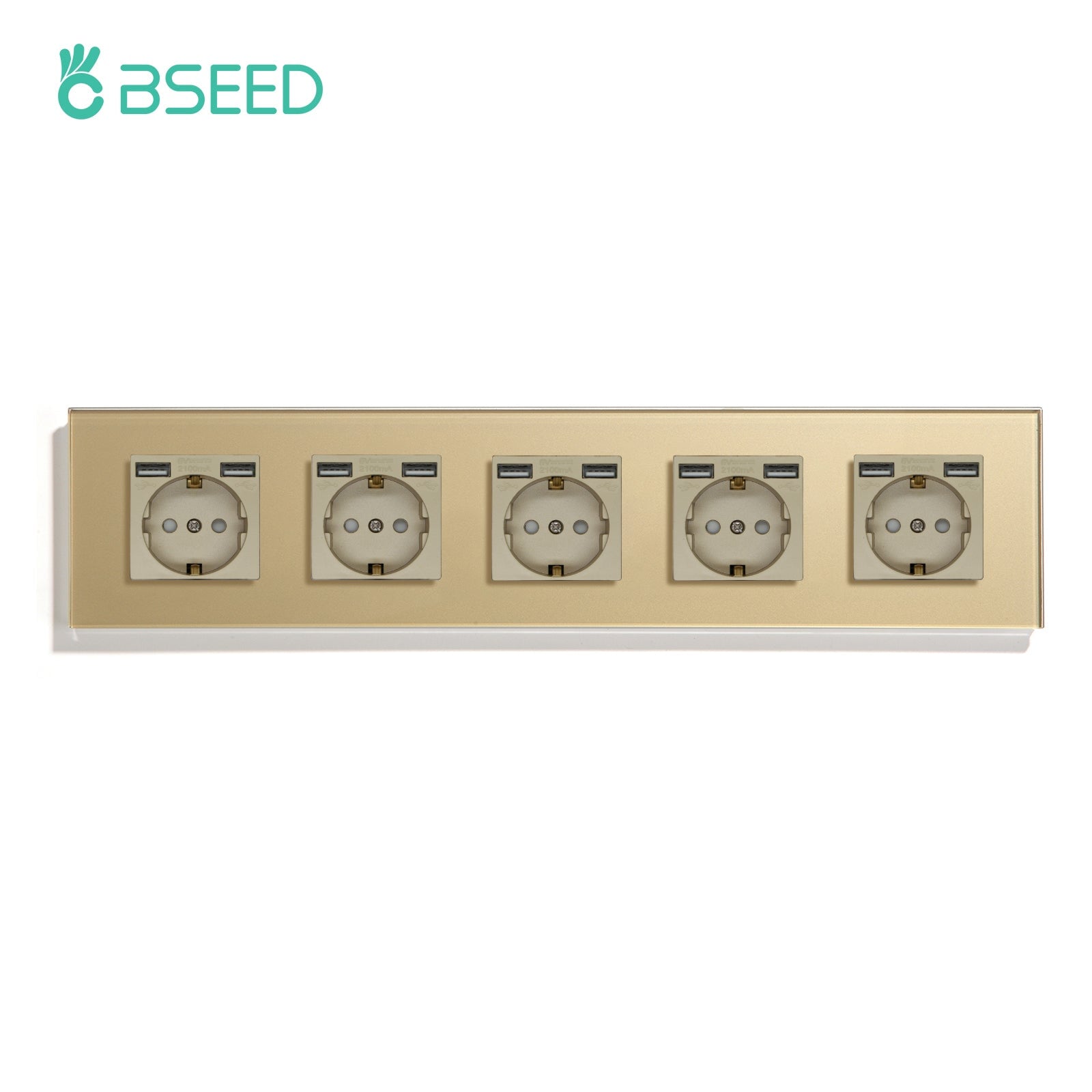 BSEED EU / FR Standard Wall Socket With Double USB Crystal Mirror Glass Panel Bseedswitch Golden Quintuple EU