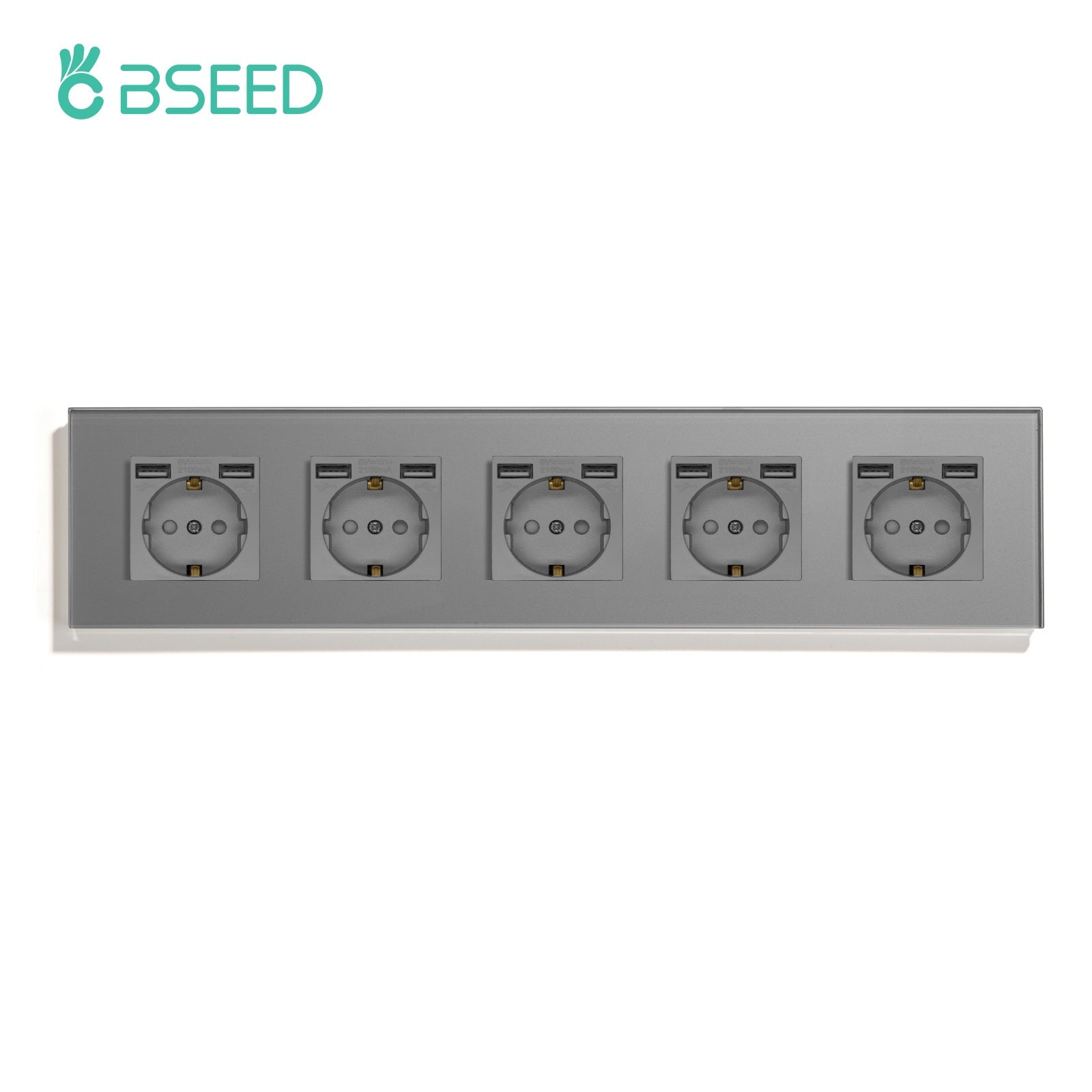 BSEED EU / FR Standard Wall Socket With Double USB Crystal Mirror Glass Panel Bseedswitch Grey Quintuple EU