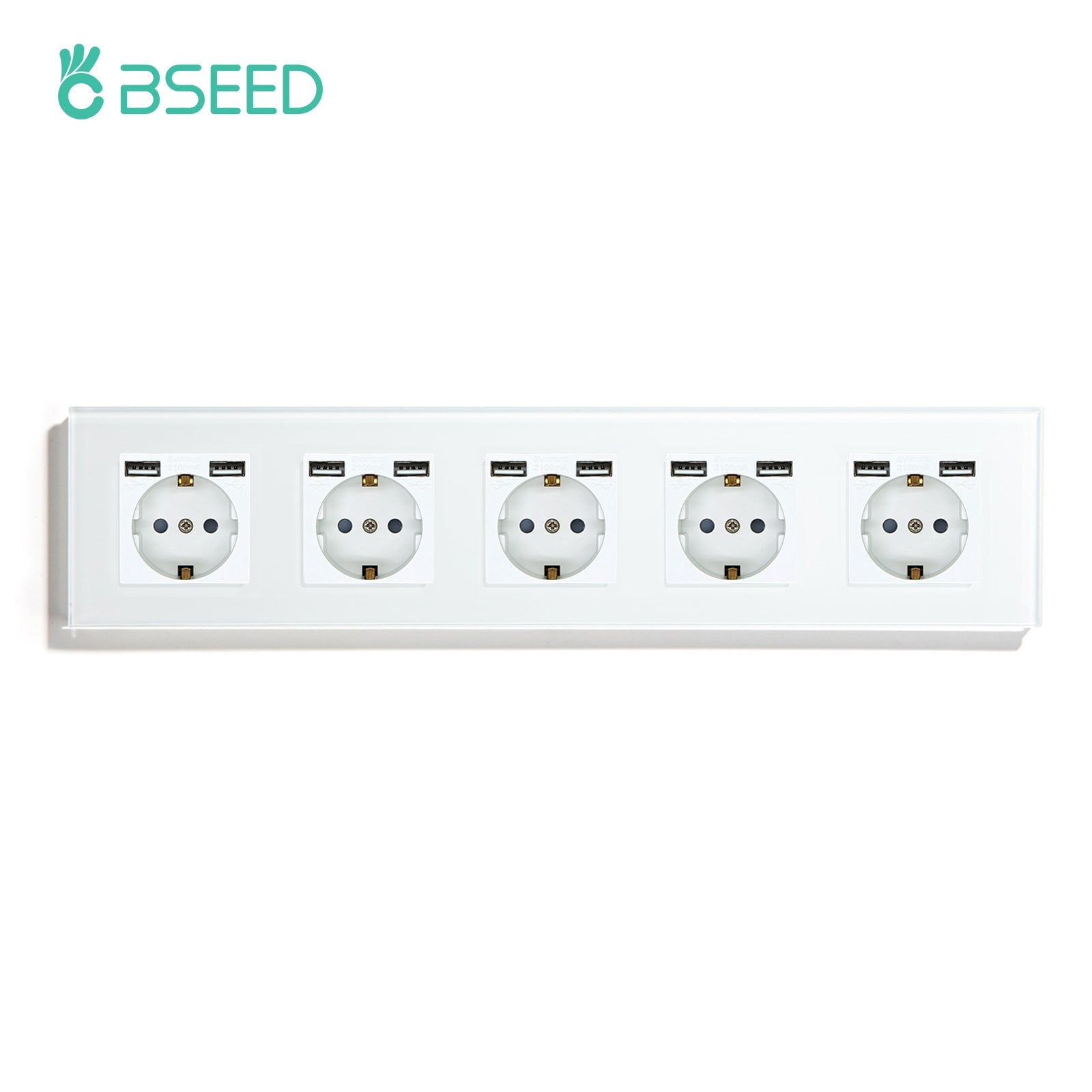 BSEED EU / FR Standard Wall Socket With Double USB Crystal Mirror Glass Panel Bseedswitch White Quintuple EU