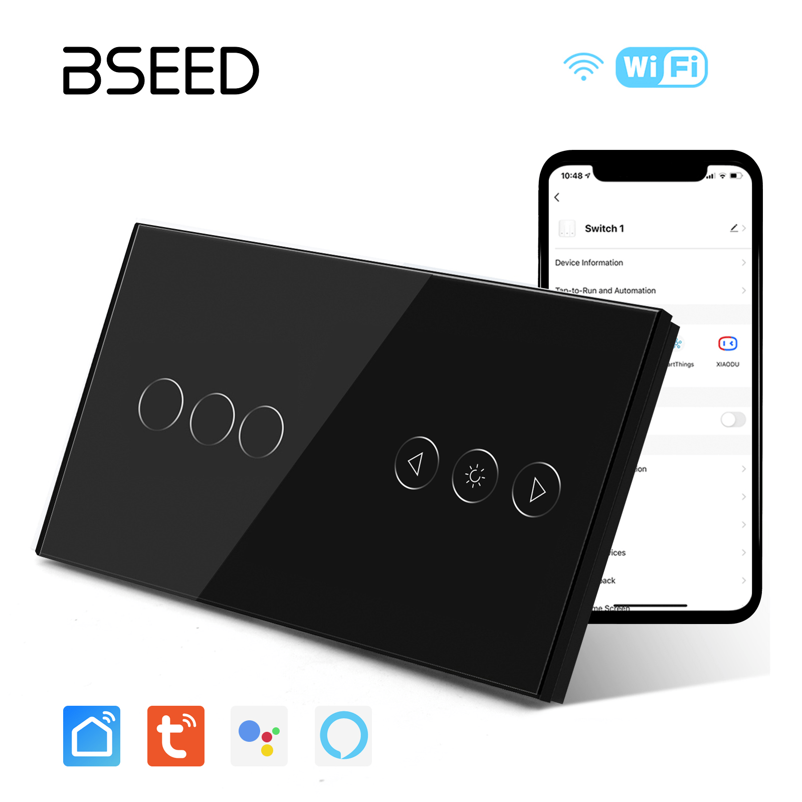 Bseed Smart Wifi Switch With Dimmer Switch Glass Panel 157mm Bseedswitch Black 3Gang + Dimmer Switch 