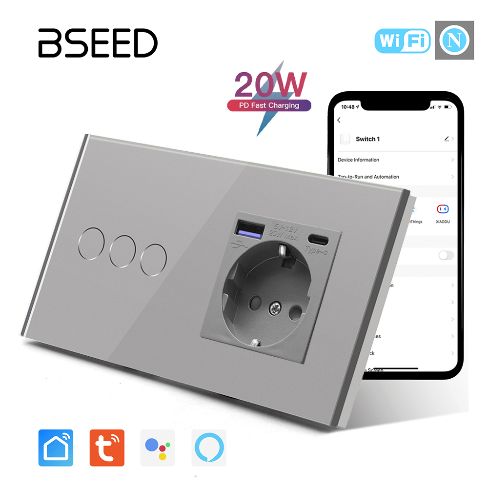 BSEED 1/2/3 Gang Wifi Light Switch Plus EU Wall USB Socket fast charge Type-c Light Switches Bseedswitch Grey 3Gang 