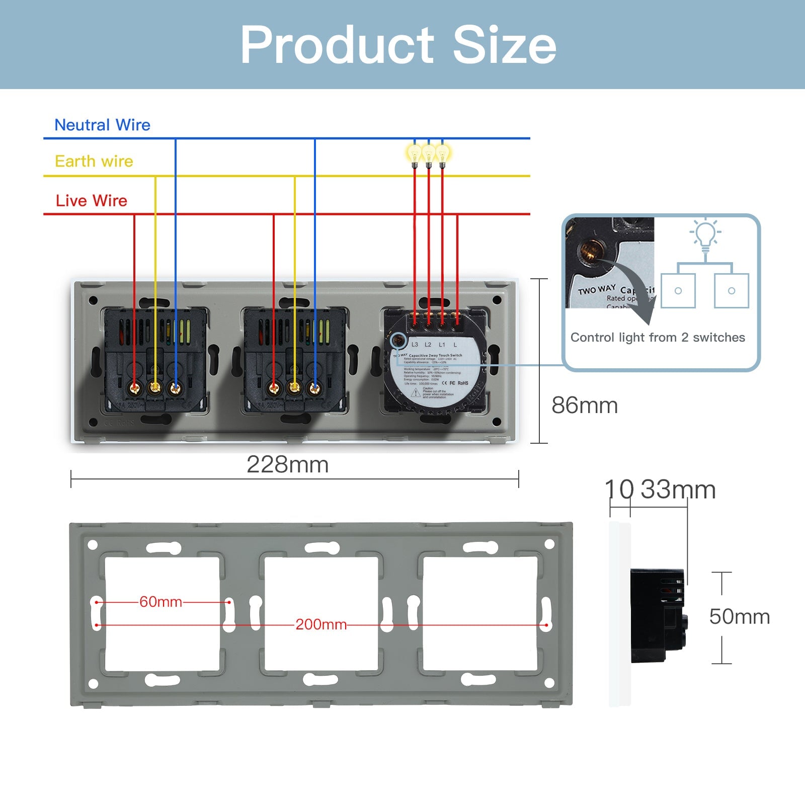 BSEED Touch 1/2/3 Gnag 1/2/3 Way Light Switch With Double EU Socket With Type-C Power Outlets & Sockets Bseedswitch 