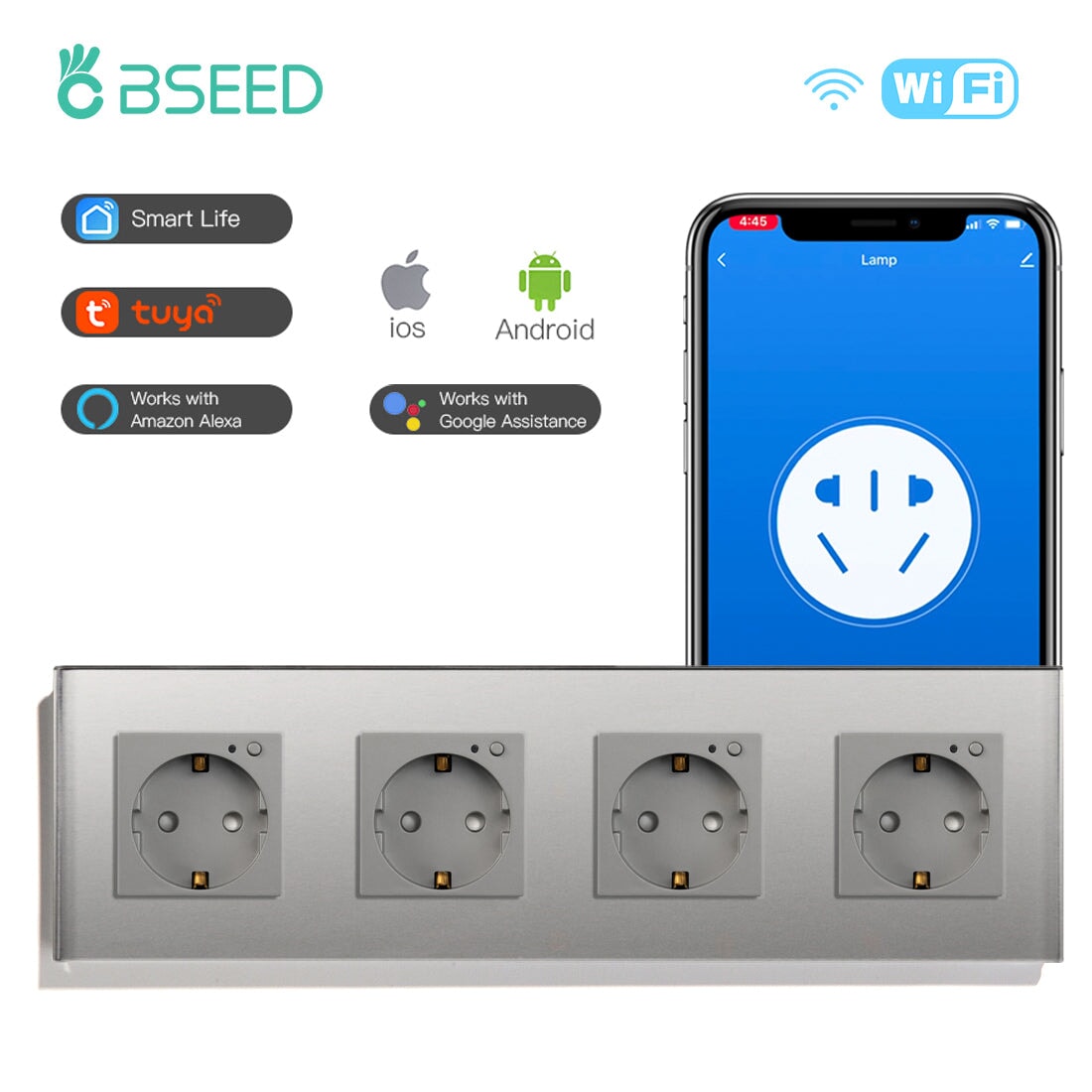 BSEED Wifi EU Wall Sockets Single Power Outlets Kids Protection Wall Plates & Covers Bseedswitch grey Quadruple 