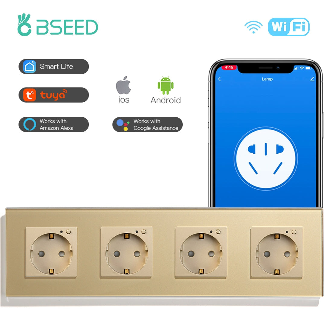 BSEED Wifi EU Wall Sockets Single Power Outlets Kids Protection Wall Plates & Covers Bseedswitch golden Quadruple 