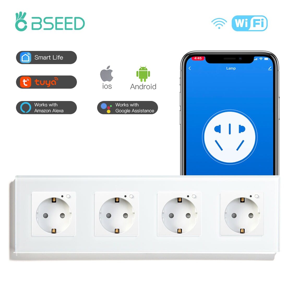 BSEED Wifi EU Wall Sockets Single Power Outlets Kids Protection Wall Plates & Covers Bseedswitch white Quadruple 
