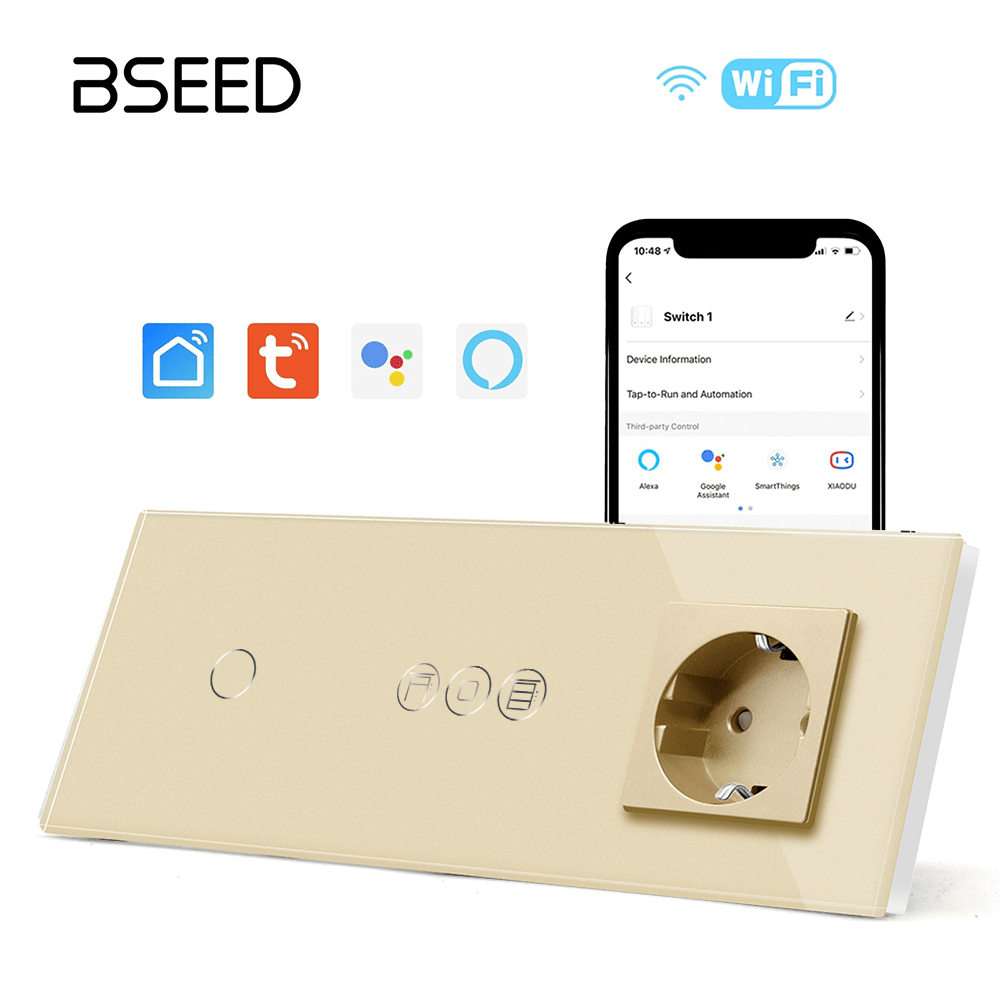 WiFi light switch with roller switch with normal eu socket Light Switches Bseedswitch Golden 1Gang+shutter switch+eo socket 