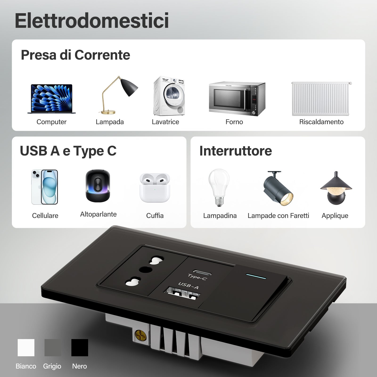 Italian Standard 16A Wall Socket With USB and 2.1A Type-c Ports Wall light switch 1Gang socket Bseedswitch 