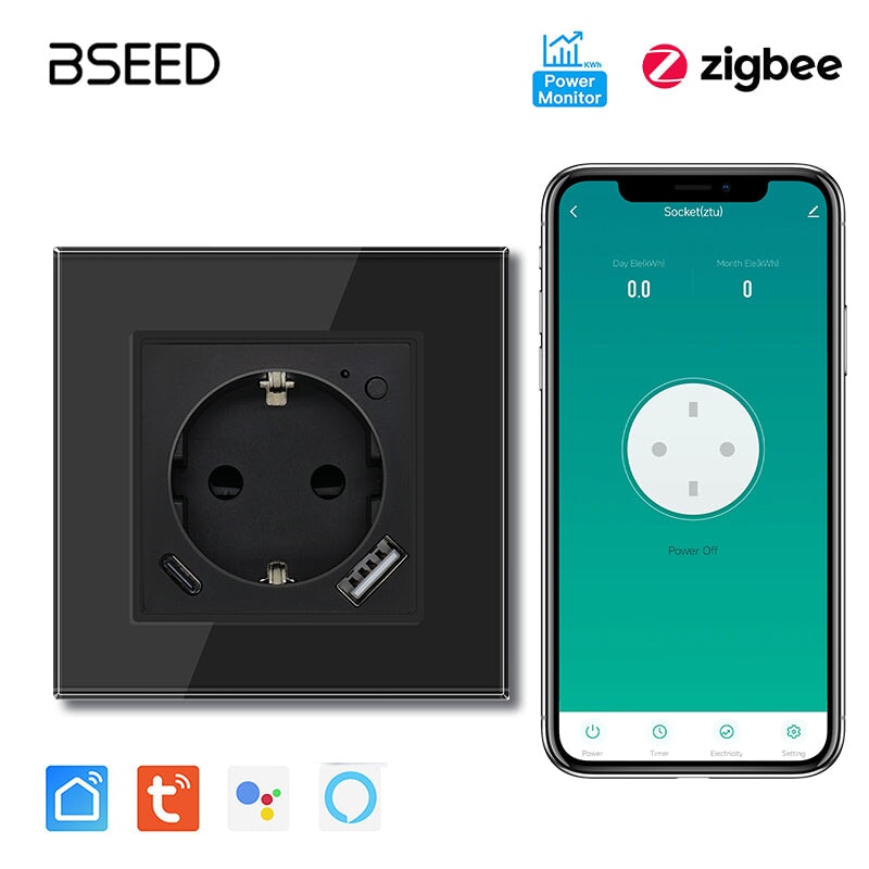 BSEED ZigBee EU Wall Sockets Type-C With USB With Energy Monitoring socket Bseedswitch Black Single 