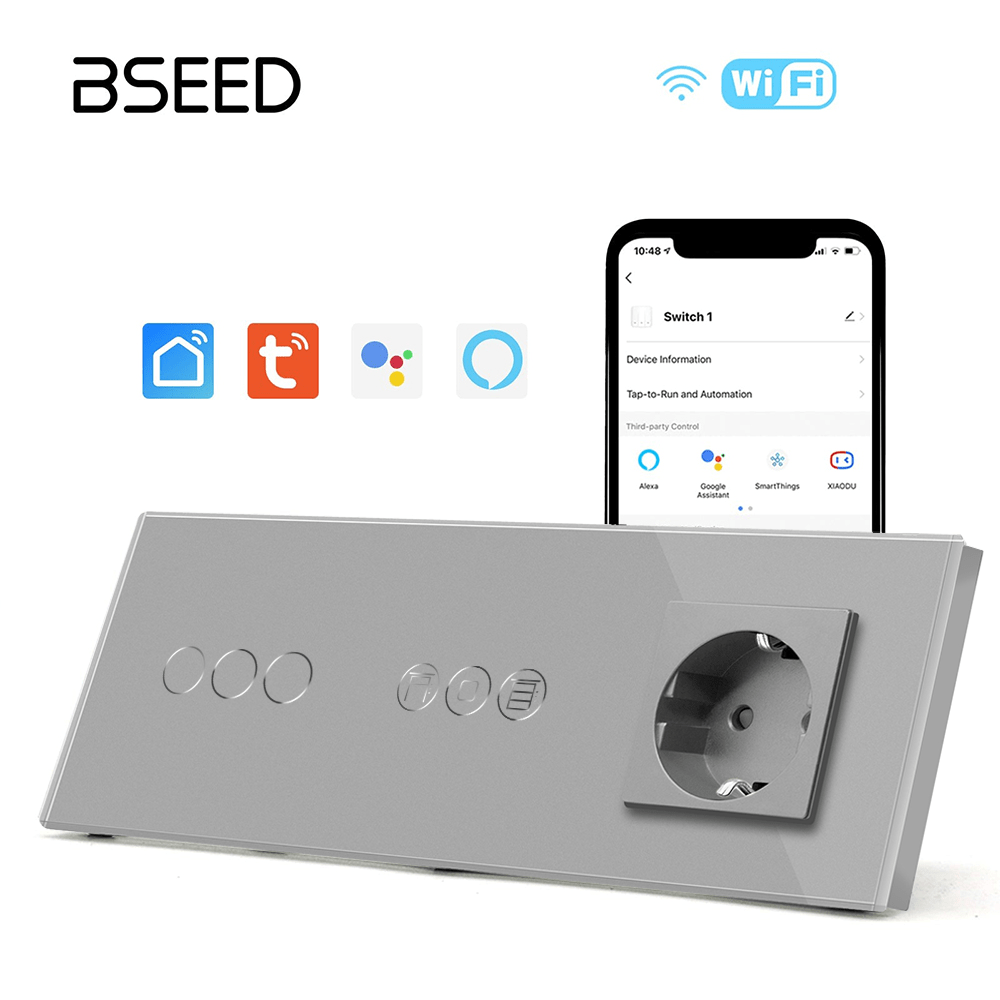 WiFi light switch with roller switch with normal eu socket Light Switches Bseedswitch Grey 3Gang+shutter switch+eo socket 