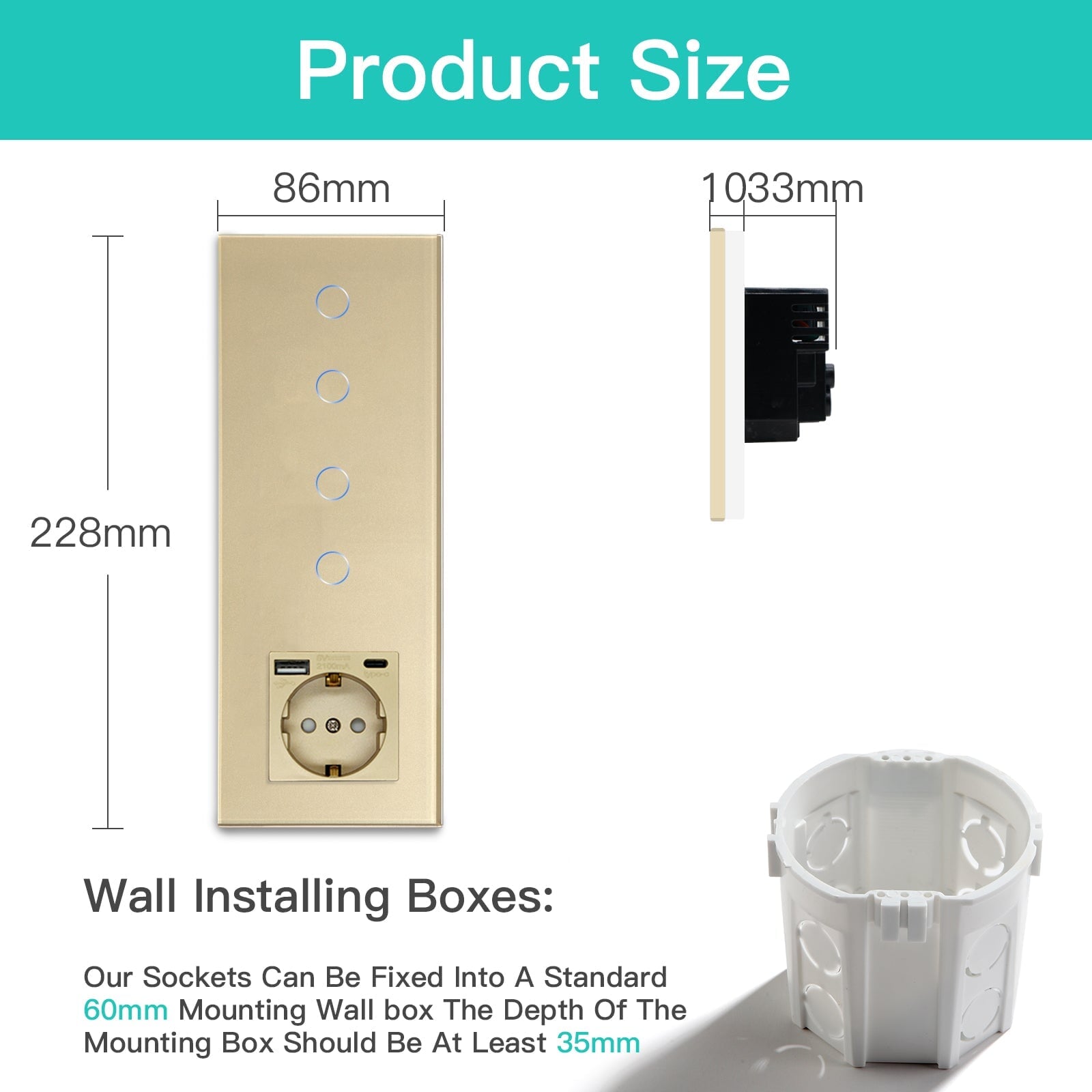 Double Wifi Light Switch neutral line with Eu socket type-c Plug 2.1A 228mm Light Switches Bseedswitch 