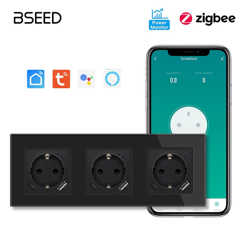 BSEED ZigBee EU Wall Sockets Type-C With USB With Energy Monitoring socket Bseedswitch Black Tripe 