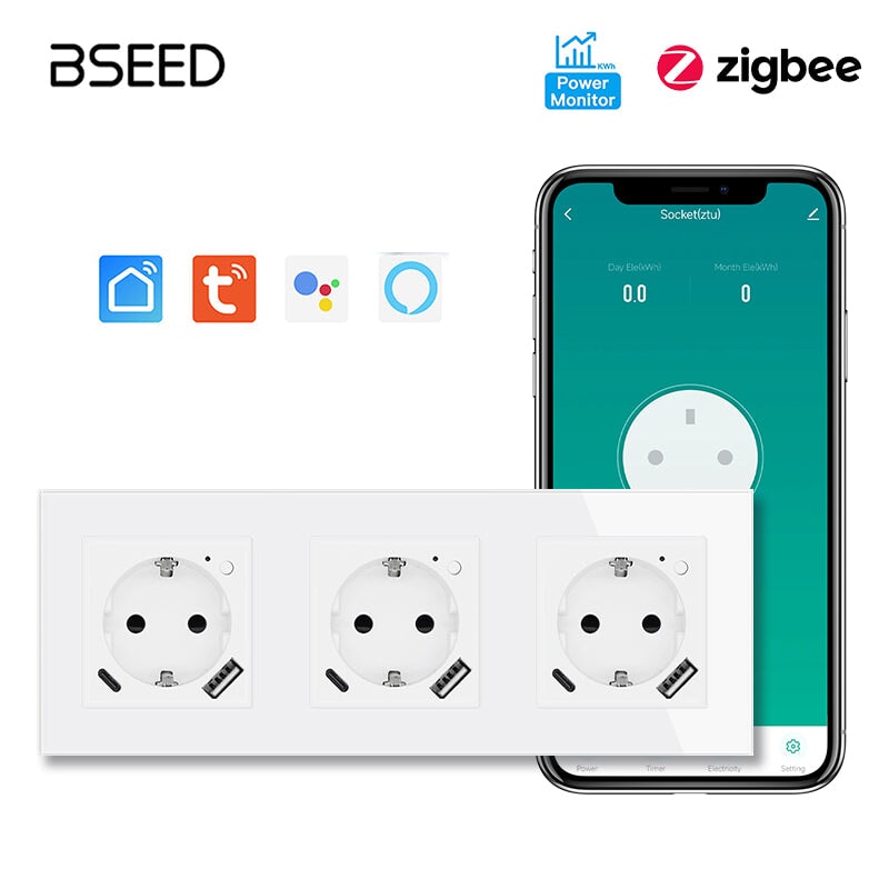 BSEED ZigBee EU Wall Sockets Type-C With USB With Energy Monitoring socket Bseedswitch White Tripe 