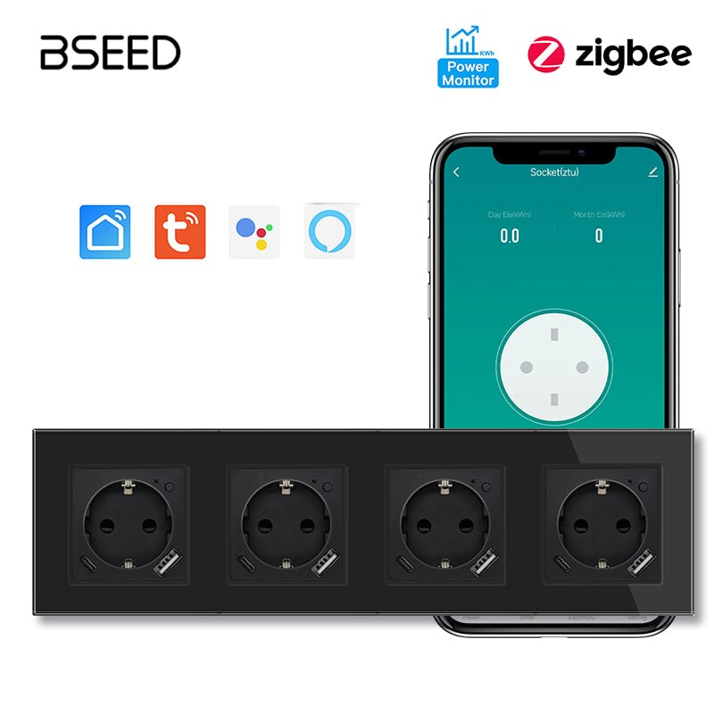 BSEED ZigBee EU Wall Sockets Type-C With USB With Energy Monitoring socket Bseedswitch Black Quadruple 