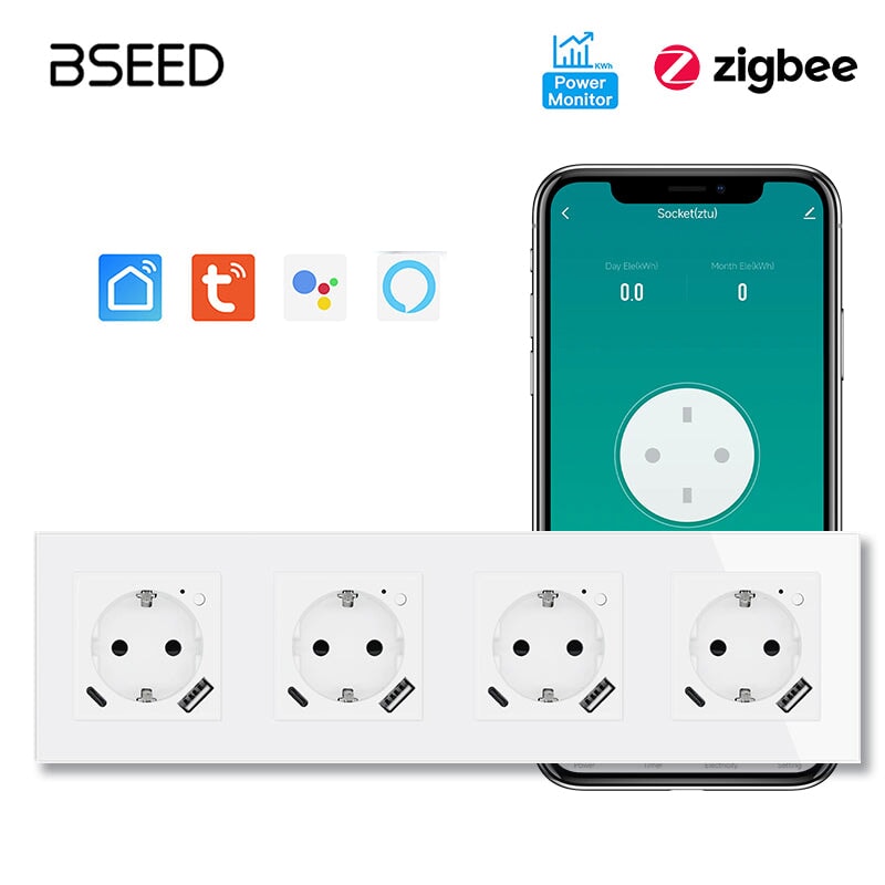 BSEED ZigBee EU Wall Sockets Type-C With USB With Energy Monitoring socket Bseedswitch White Quadruple 