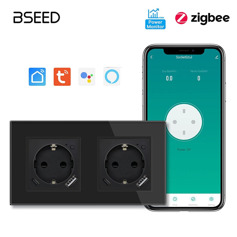 BSEED ZigBee EU Wall Sockets Type-C With USB With Energy Monitoring socket Bseedswitch Black Double 