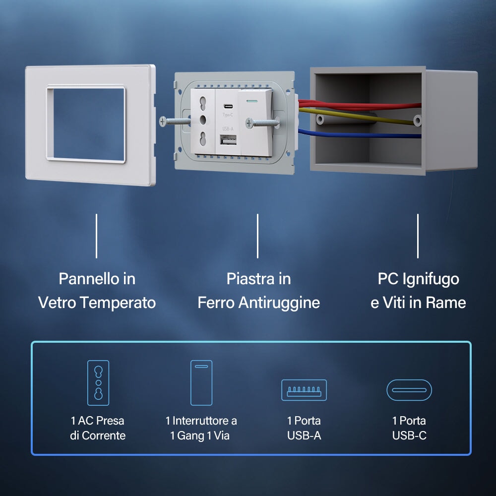 Italian Standard 16A Wall Socket With USB and 2.1A Type-c Ports Wall light switch 1Gang Bseedswitch 