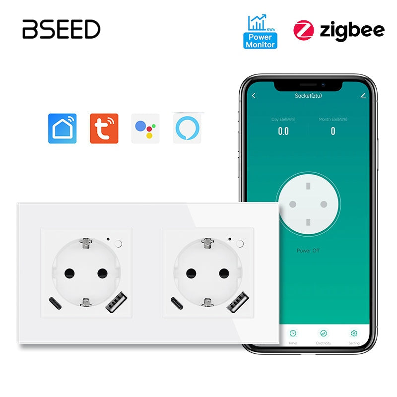 BSEED ZigBee EU Wall Sockets Type-C With USB With Energy Monitoring socket Bseedswitch White Double 