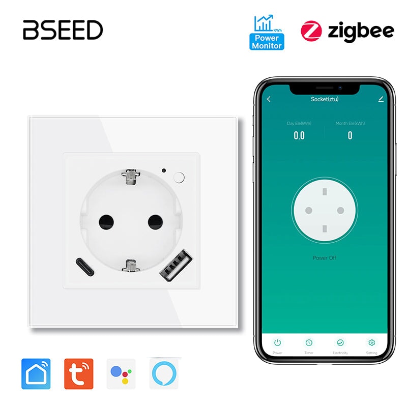 BSEED ZigBee EU Wall Sockets Type-C With USB With Energy Monitoring socket Bseedswitch White Single 