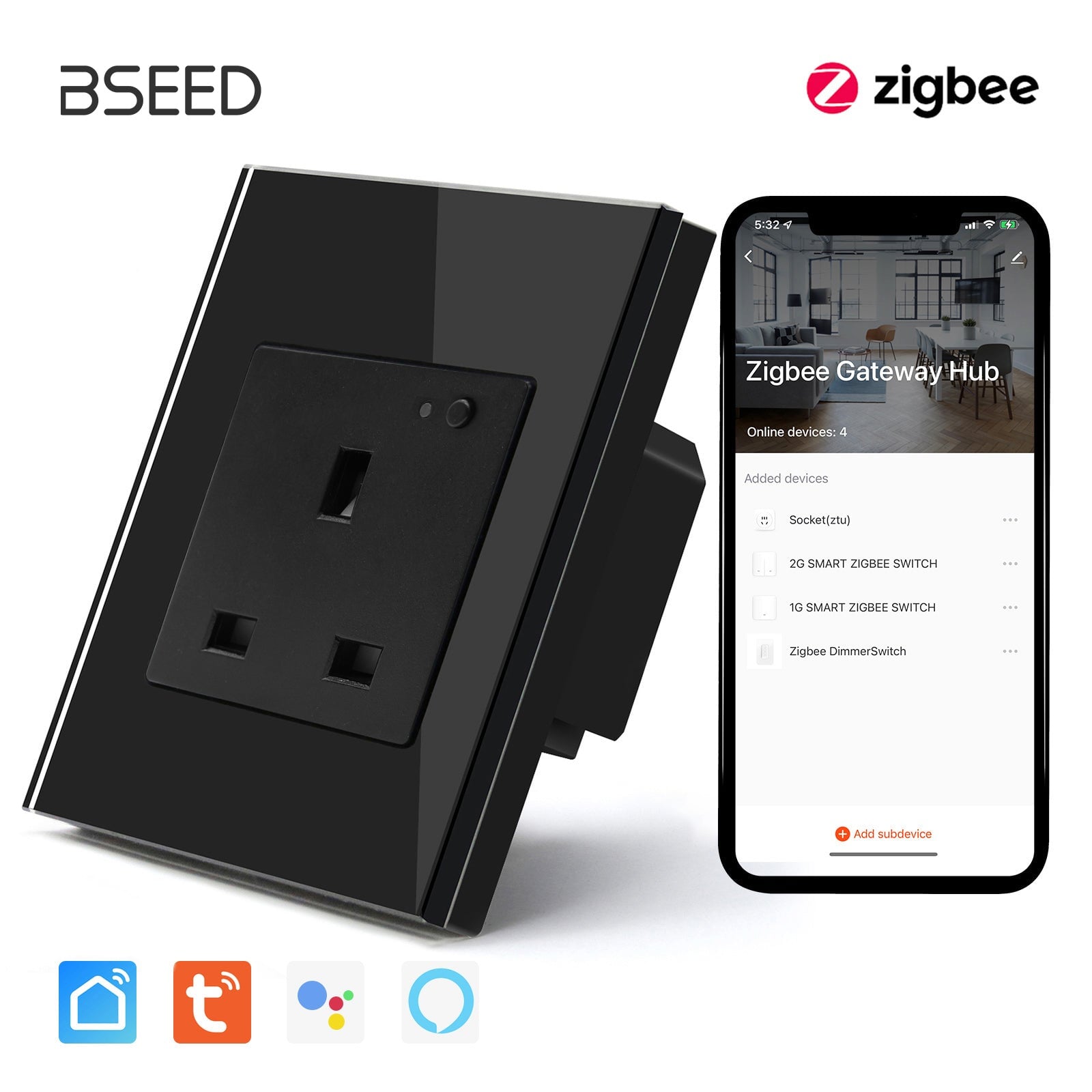 BSEED ZigBee UK Wall Sockets Power Outlets Kids Protection Wall Plates & Covers Bseedswitch black Signle 