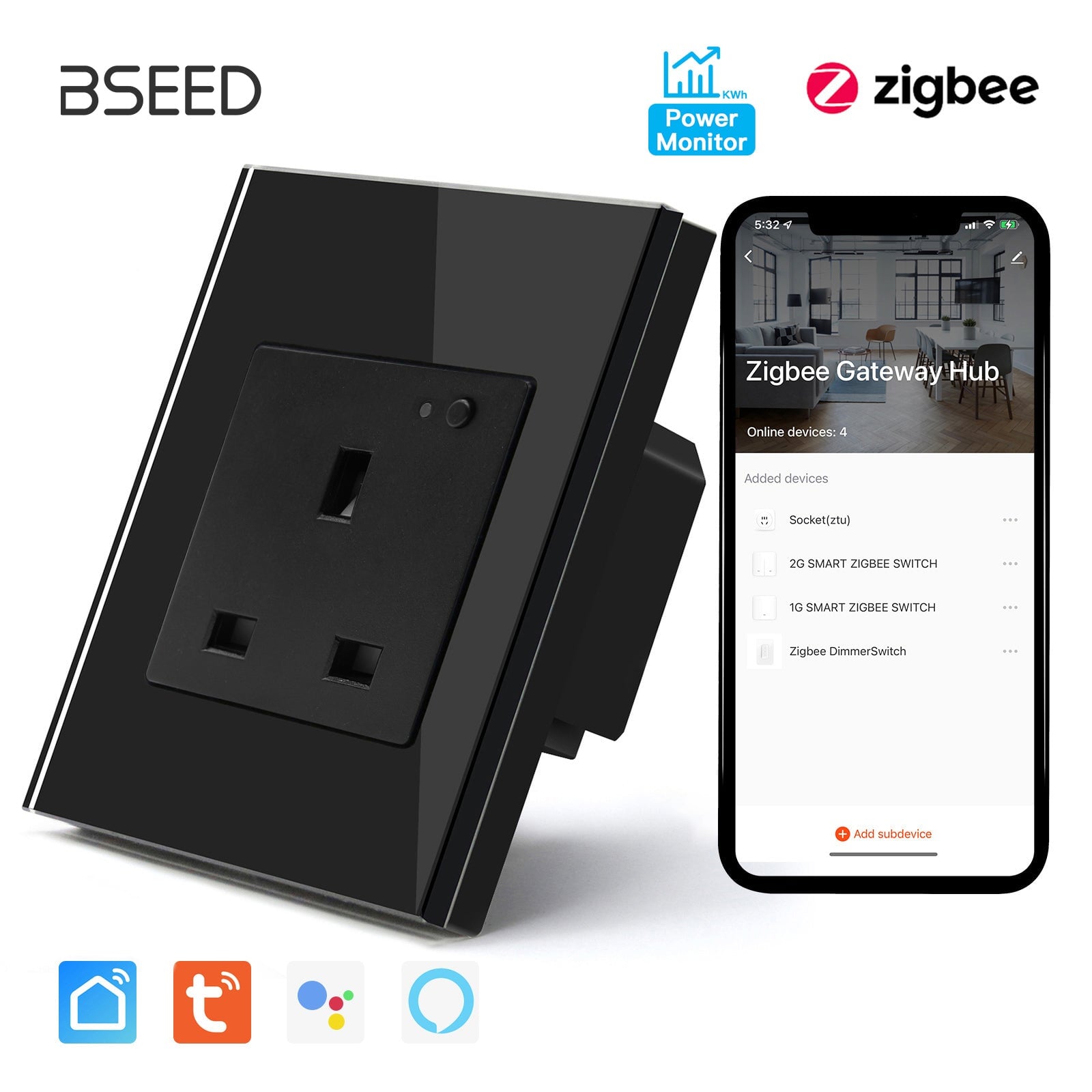 BSEED ZigBee UK Wall Sockets Power Outlets Kids Protection with metering Wall Plates & Covers Bseedswitch black Signle 