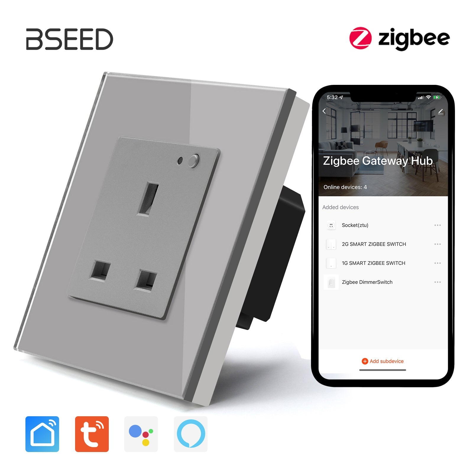 BSEED ZigBee UK Wall Sockets Power Outlets Kids Protection Wall Plates & Covers Bseedswitch grey Signle 