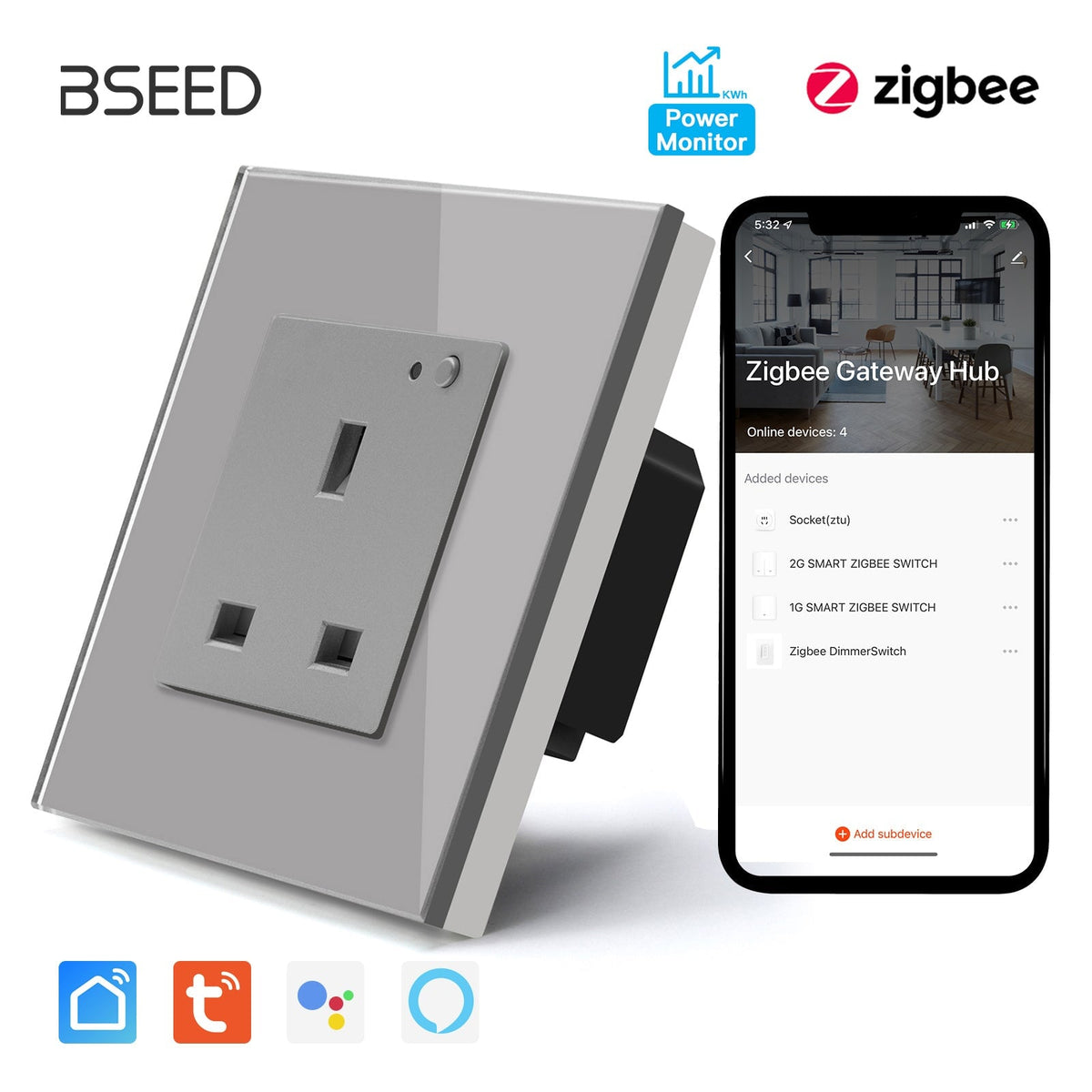 BSEED ZigBee UK Wall Sockets Power Outlets Kids Protection with metering Wall Plates & Covers Bseedswitch grey Signle 