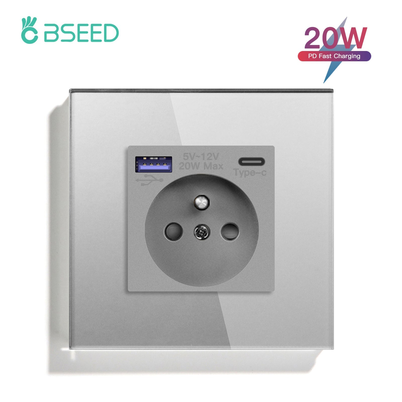 BSEED FR sockets with 20W PD Fast Charge Type-C Interface Outlet Wall Socket Power Outlets & Sockets Bseedswitch Grey Signle 