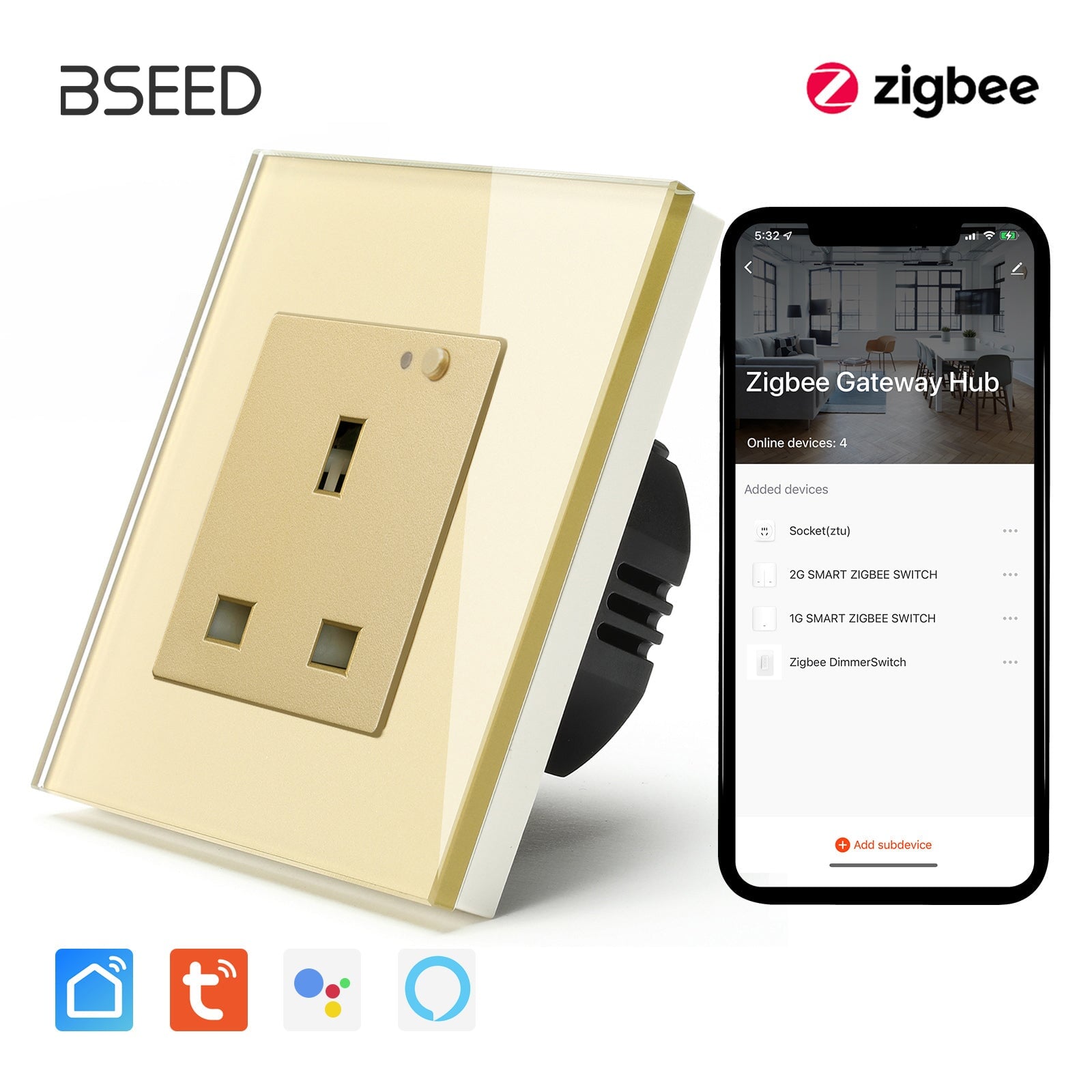 BSEED ZigBee UK Wall Sockets Power Outlets Kids Protection Wall Plates & Covers Bseedswitch golden Signle 