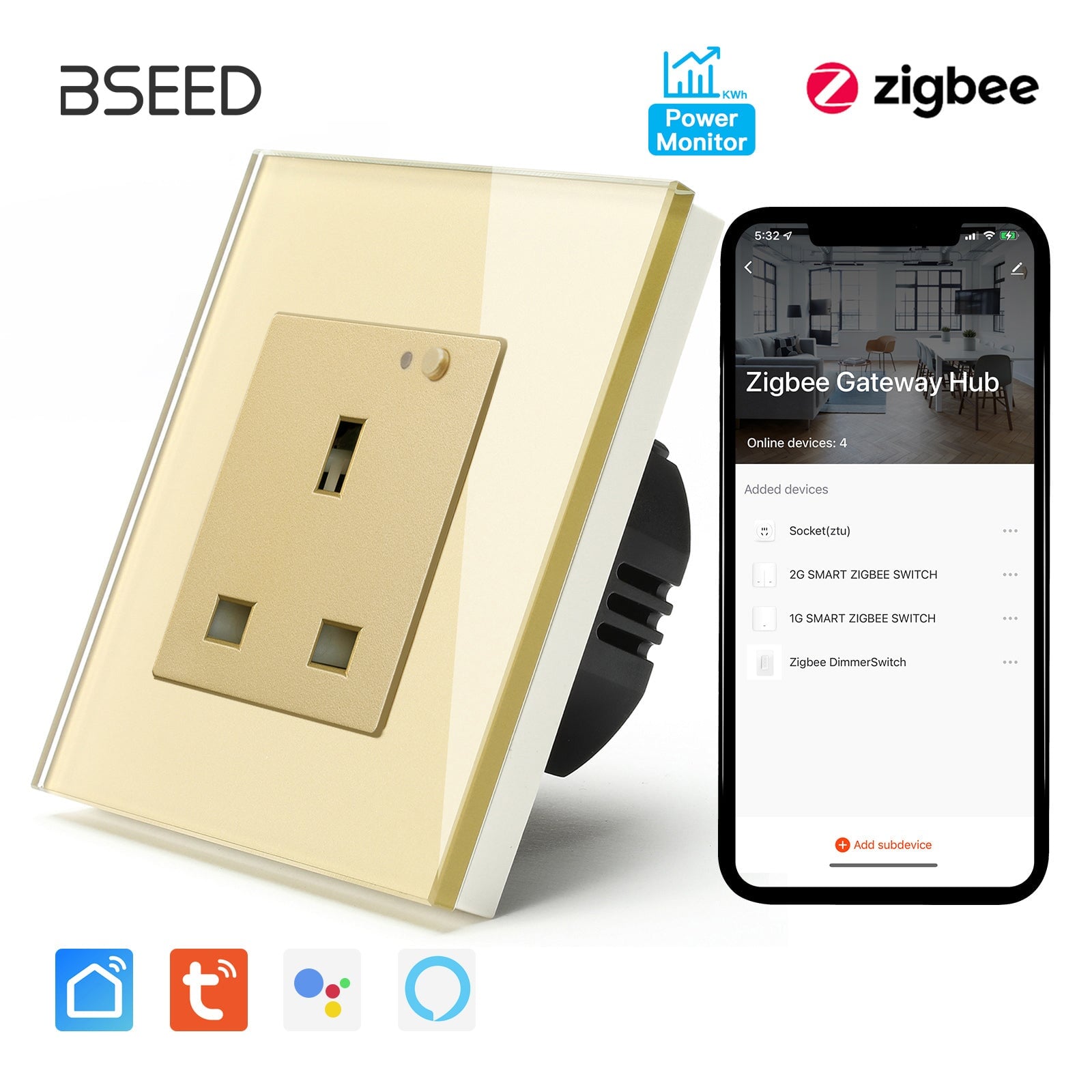 BSEED ZigBee UK Wall Sockets Power Outlets Kids Protection with metering Wall Plates & Covers Bseedswitch golden Signle 