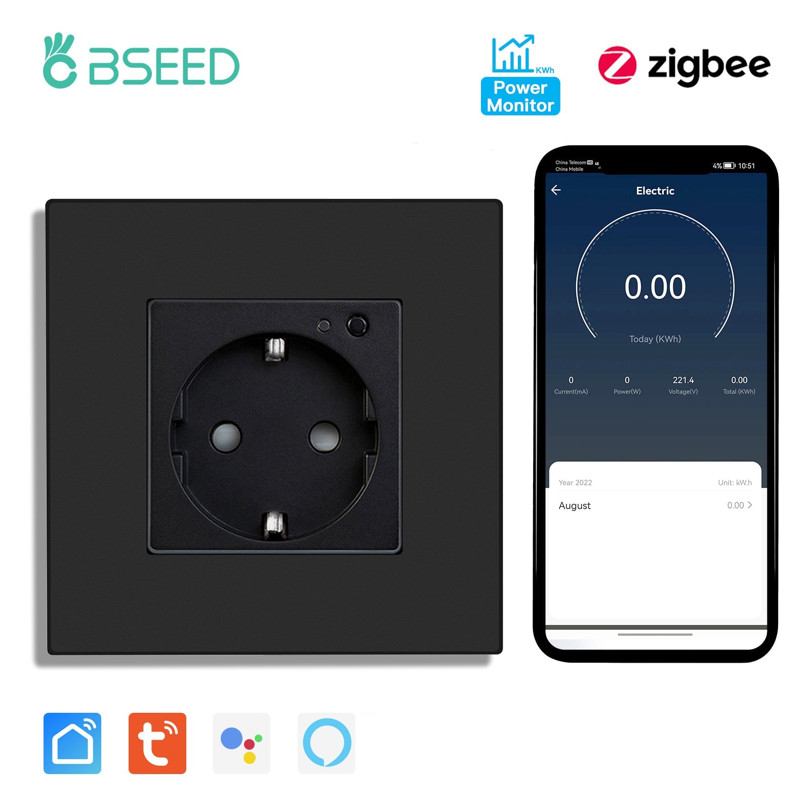 BSEED ZigBee EU Wall Sockets With Energy Monitoring PC Panel with Kids Protection Wall Plates & Covers Bseedswitch black Signle 