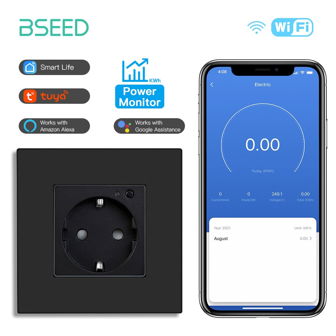 Bseed Wifi EU Wall Sockets With Energy Monitoring PC Panel Power Outlets & Sockets Bseedswitch Black Signle 