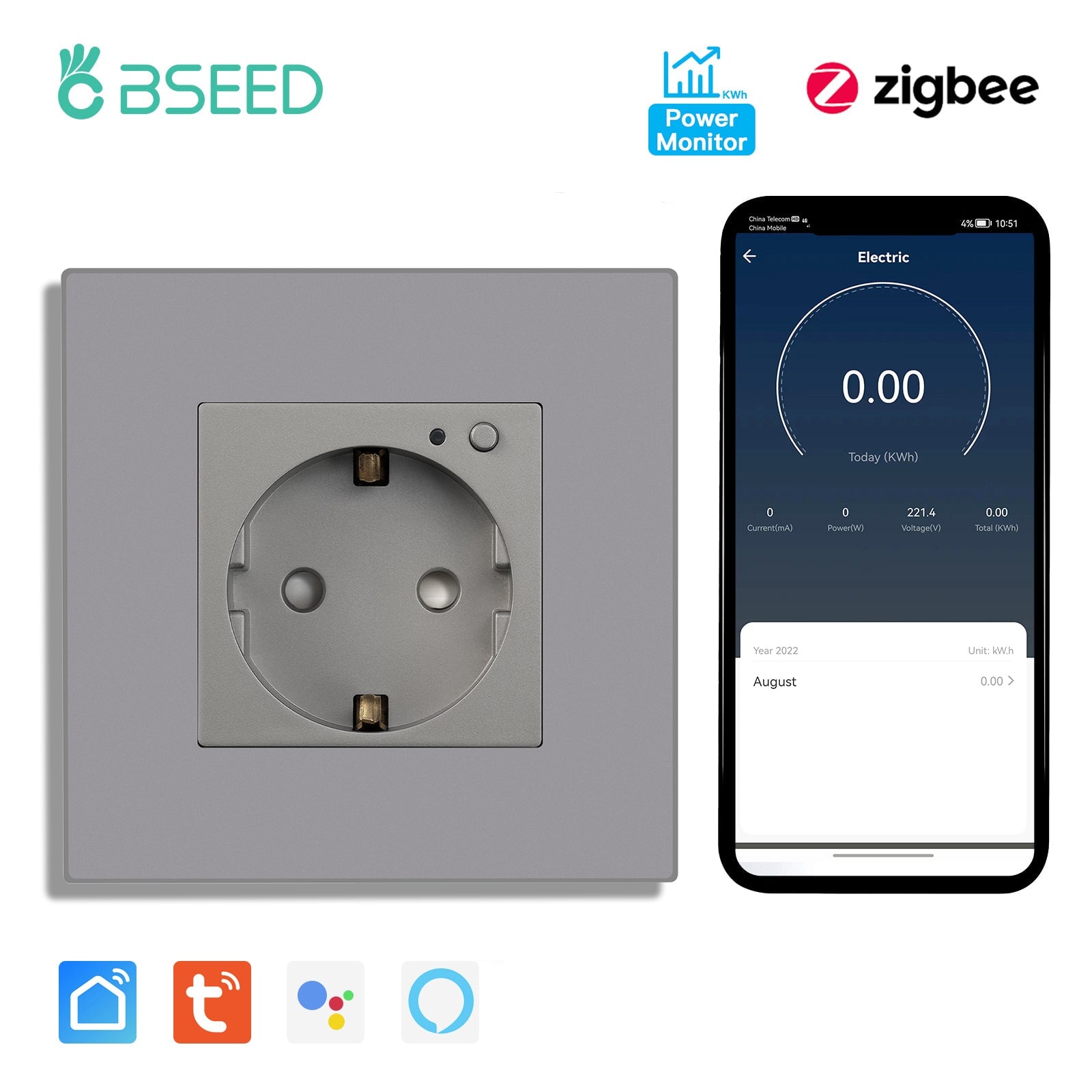 BSEED ZigBee EU Wall Sockets With Energy Monitoring PC Panel with Kids Protection Wall Plates & Covers Bseedswitch grey Signle 