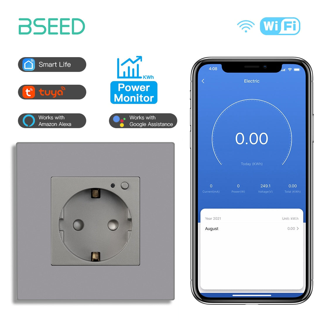 Bseed Wifi EU Wall Sockets With Energy Monitoring PC Panel Power Outlets & Sockets Bseedswitch Grey Signle 