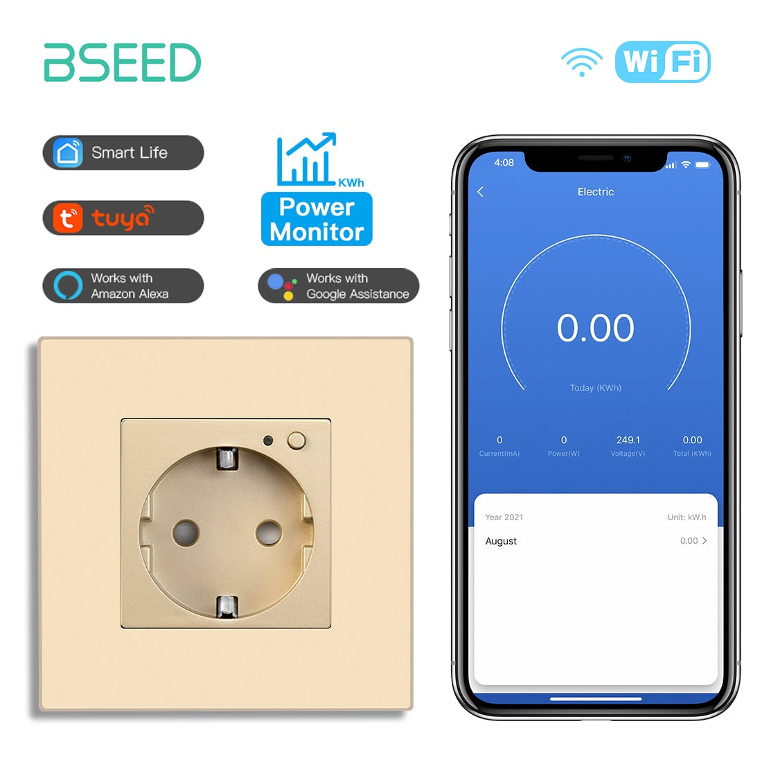 Bseed Wifi EU Wall Sockets With Energy Monitoring PC Panel Power Outlets & Sockets Bseedswitch Golden Signle 