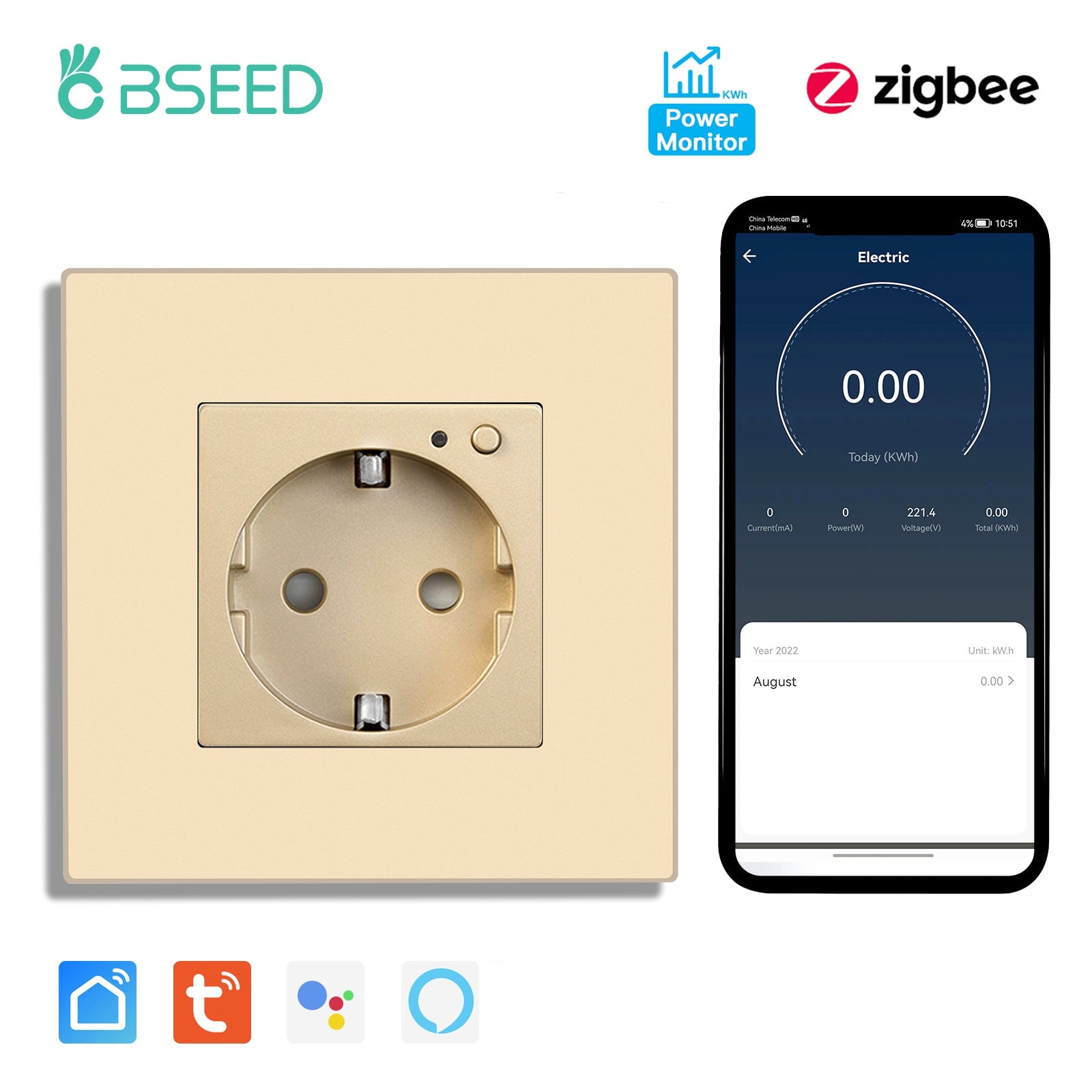 BSEED ZigBee EU Wall Sockets With Energy Monitoring PC Panel with Kids Protection Wall Plates & Covers Bseedswitch golden Signle 