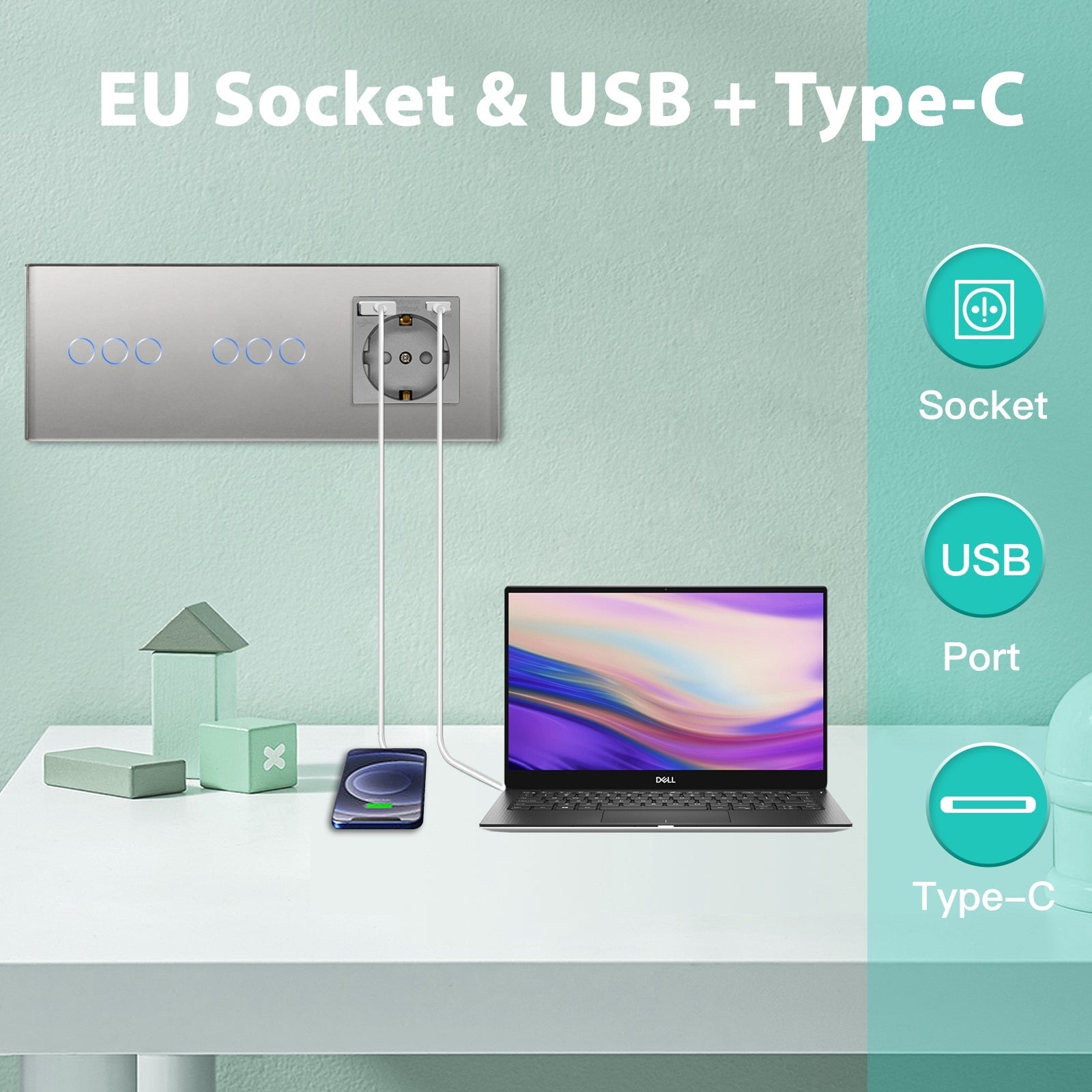 Double Wifi Light Switch neutral line with Eu socket type-c Plug 2.1A 228mm Light Switches Bseedswitch 