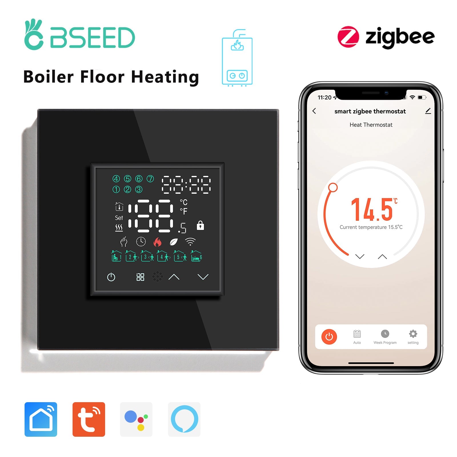 BSEED Touch LED Screen Electric Floor Heating Water Boiler Room Thermostat ZigBee Alexa Google App Temperature Controller Backlight Thermostats Bseedswitch Black Boiler 