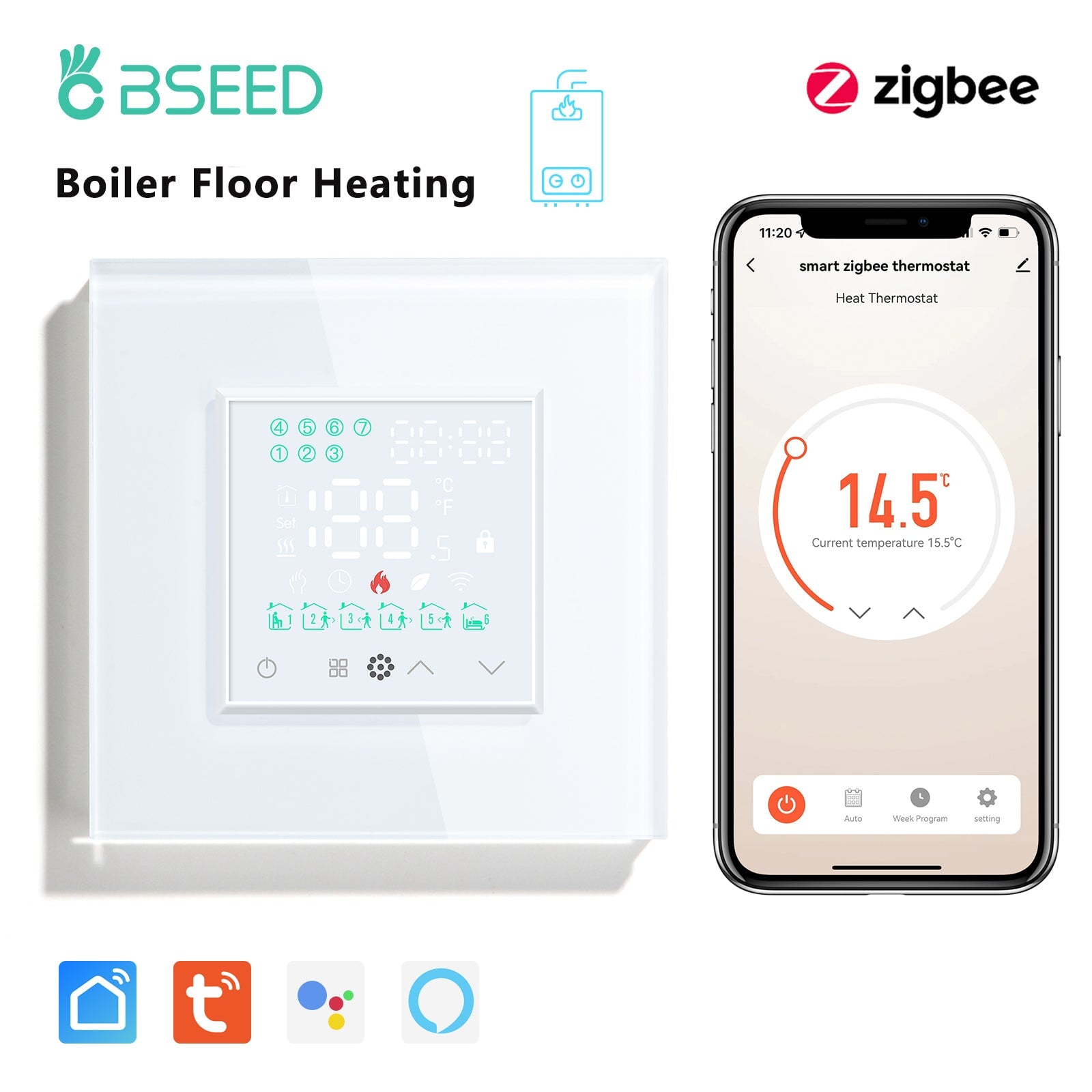 BSEED Touch LED Screen Electric Floor Heating Water Boiler Room Thermostat ZigBee Alexa Google App Temperature Controller Backlight Thermostats Bseedswitch White Boiler 