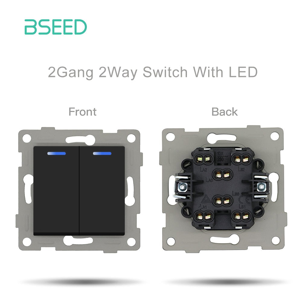 Bseed 1/2 Gang 1/2 Way Button Light Switch Function Key with claws with LED Light Switches Bseedswitch Black 2Gang 2Way