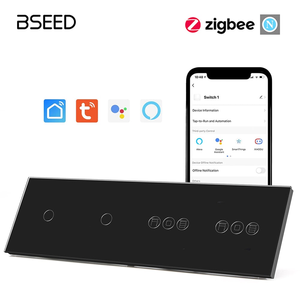 BSEED Double 1/2/3 Gang ZigBee Switch With ZigBee Double Roller Shutter Switch 299mm Light Switches Bseedswitch Black 1Gang +1Gang+Double Shutter Switch 