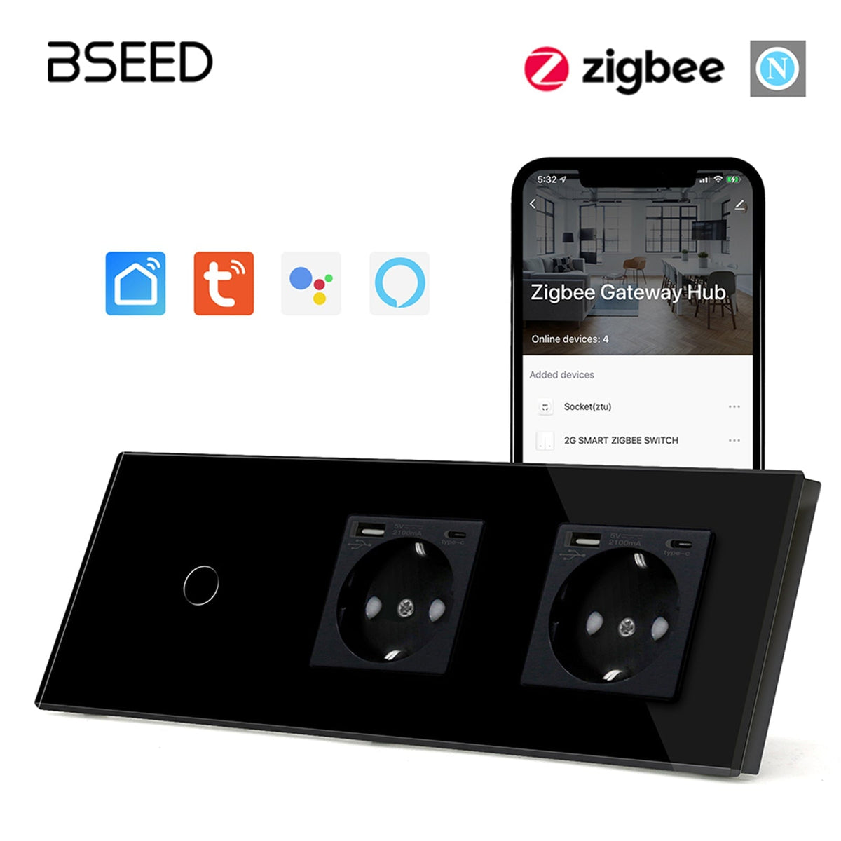 Bseed Zigbee 1/2/3 Gang Light Switches With Normal Double EU Standard Wall Sockets with USB-C Switch Bseedswitch Black 1Gang 