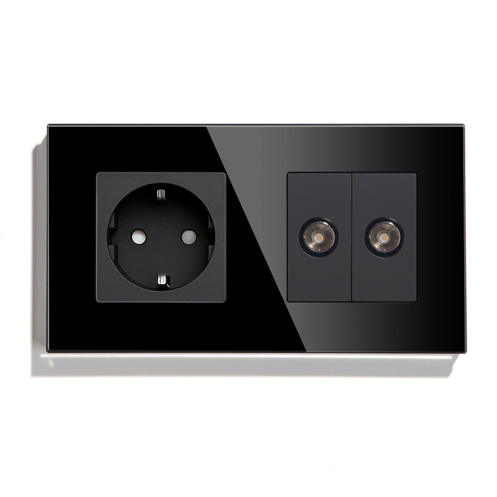 BSEED EU Standard Wall Socket With Double TV Socket Crystal Glass Panel Power Outlets & Sockets Bseedswitch Black 157mm 